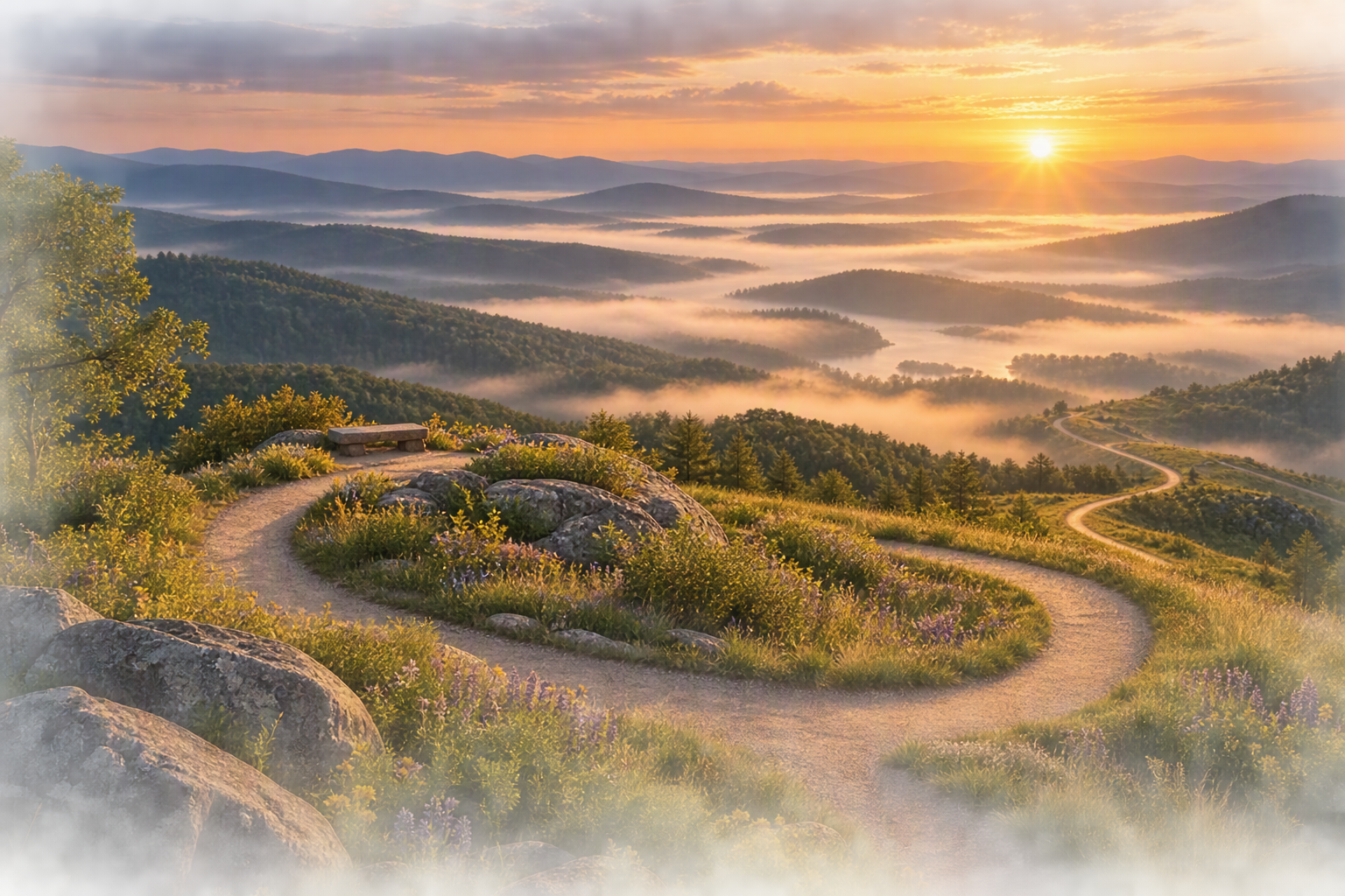 A winding pathway loops through a scenic overlook at sunrise, symbolizing reflection, personal growth, and revisiting life experiences with new understanding.