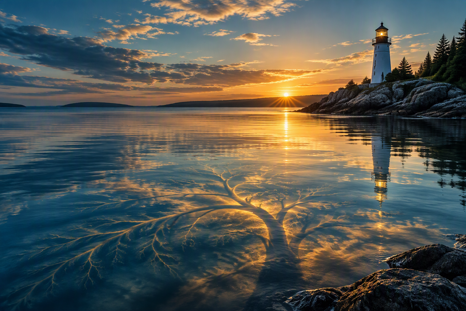 Lighthouse at sunrise overlooking calm water. Beneath the surface, a tree-shaped reflection emerges from branching patterns in the water, illustrating influence that becomes visible over time.