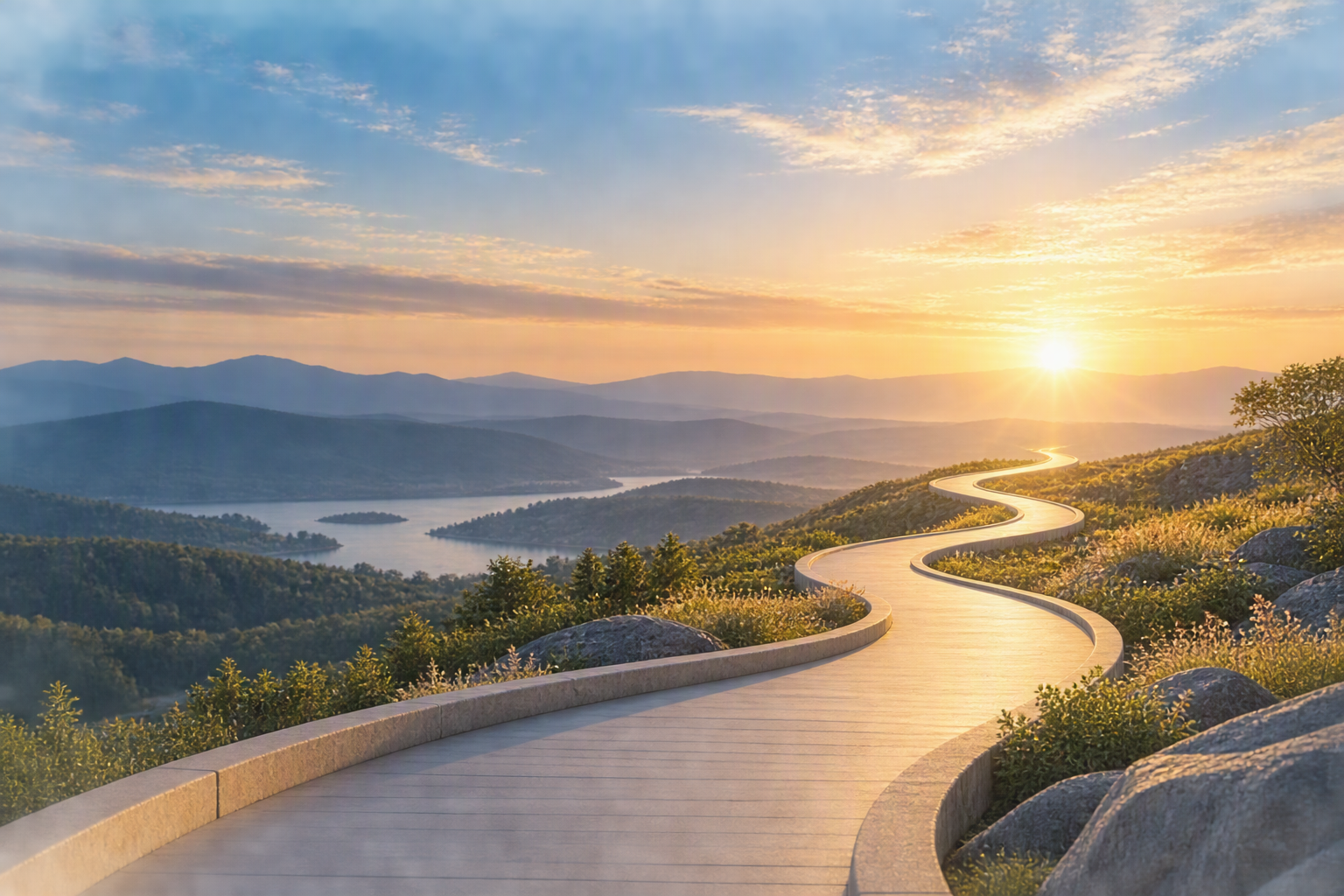 Winding road toward a sunrise, symbolizing a new path for healthcare