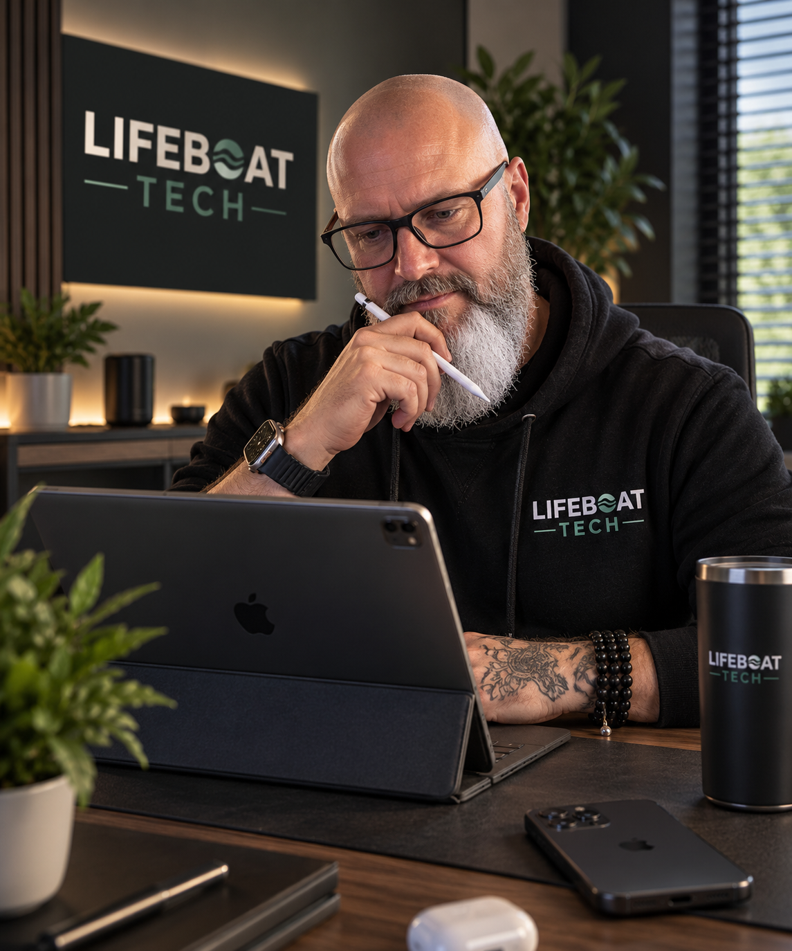 A man with a beard and glasses working at a desk with a tablet and smartphone, wearing a black hoodie with 'LIFEBOAT TECH' logo, in an office with plants and a sign with the same logo in the background.