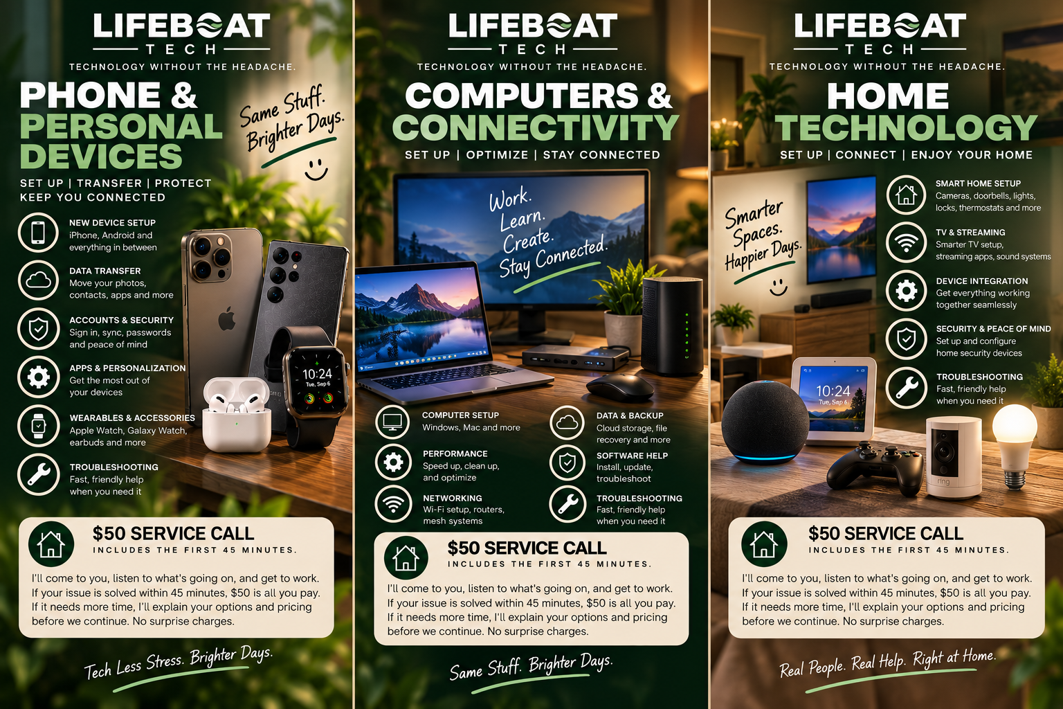 Three electronic service flyers from Lifeboat Tech featuring information on phone and personal devices, computers and connectivity, and home technology, each with images of relevant gadgets and icons.