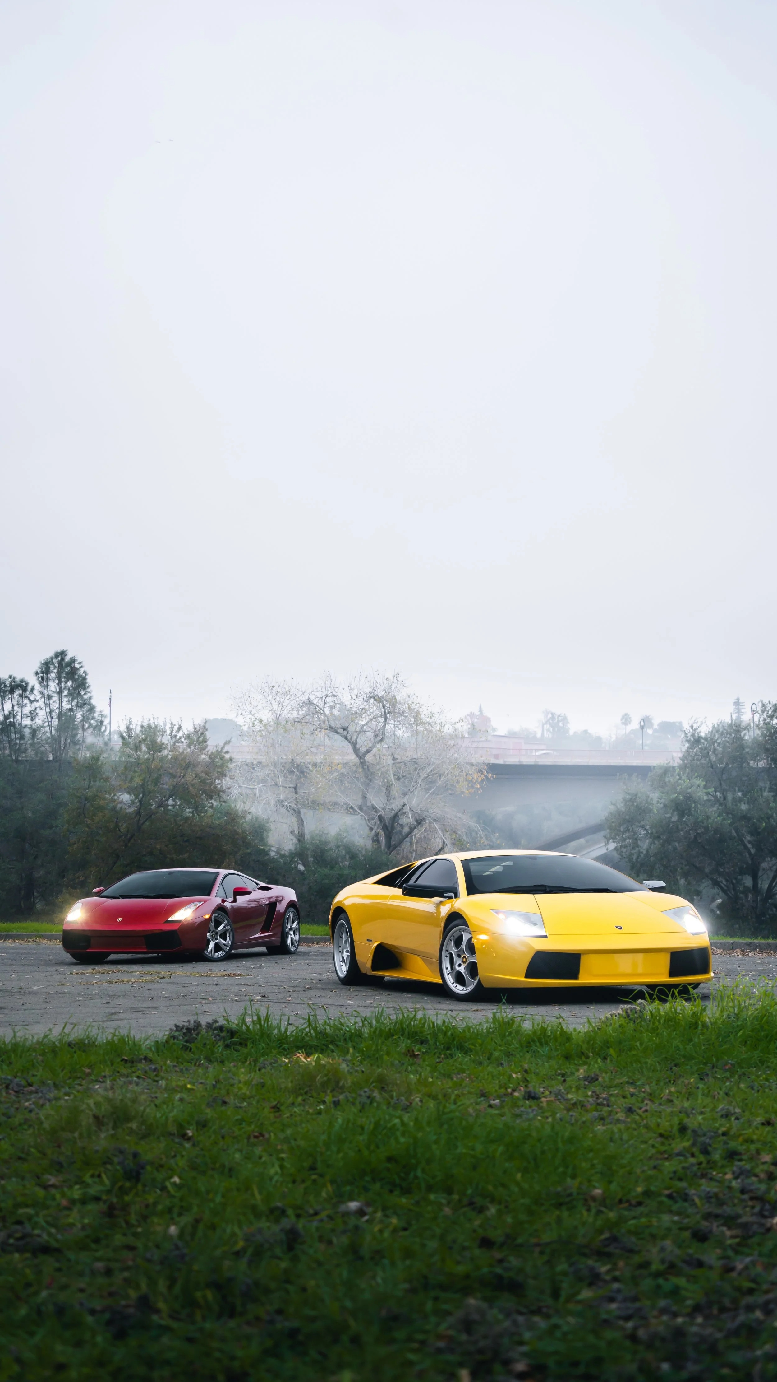 Two luxury sports cars, one red and one yellow, are parked on a grassy area with trees and a bridge in the background under a cloudy sky.