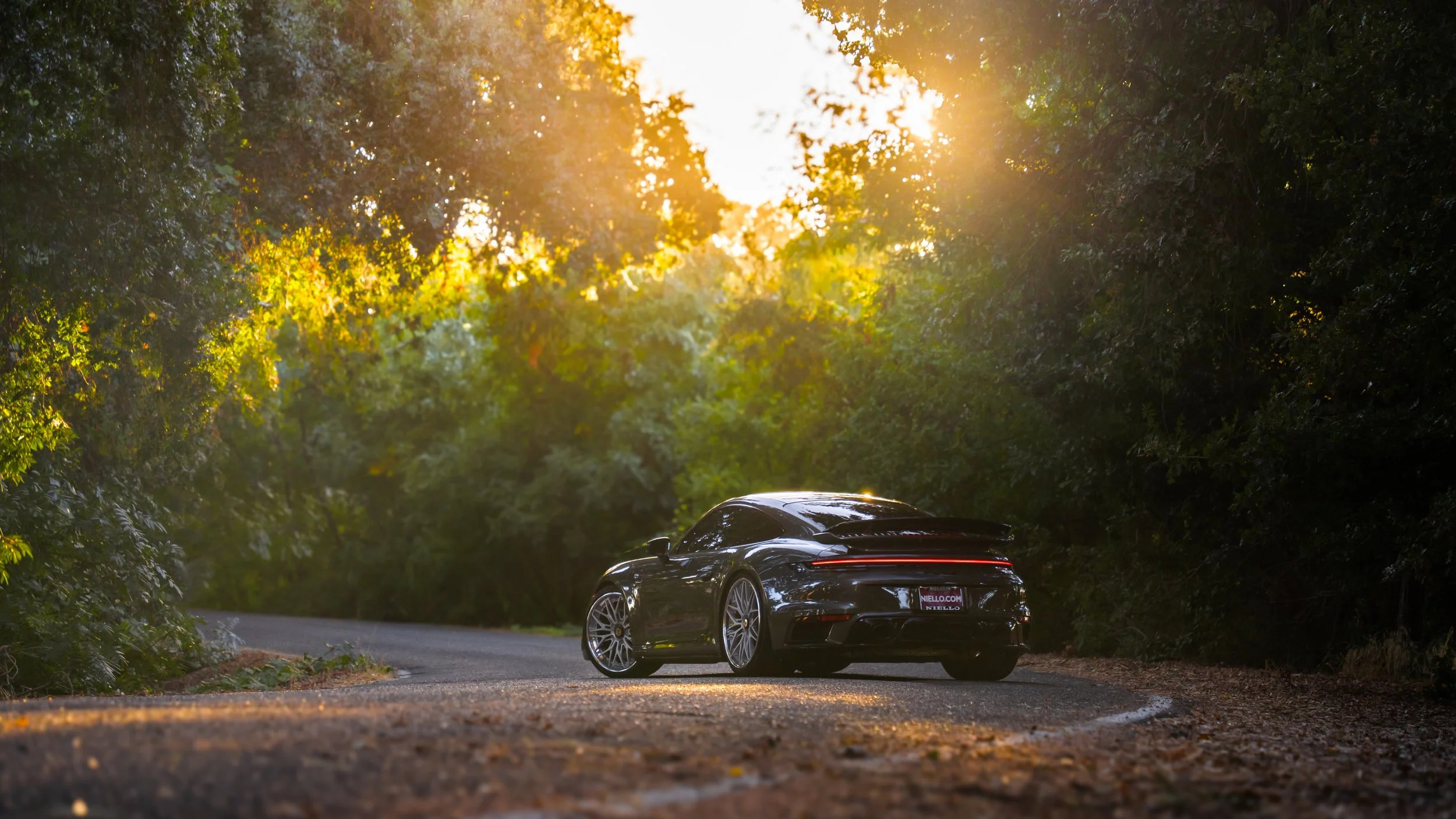 Black sports car driving on a road surrounded by trees with sunlight shining through the leaves.