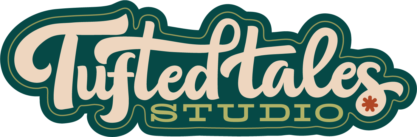 Tufted Tales Studio logo with stylized cursive text and a small red flower icon.
