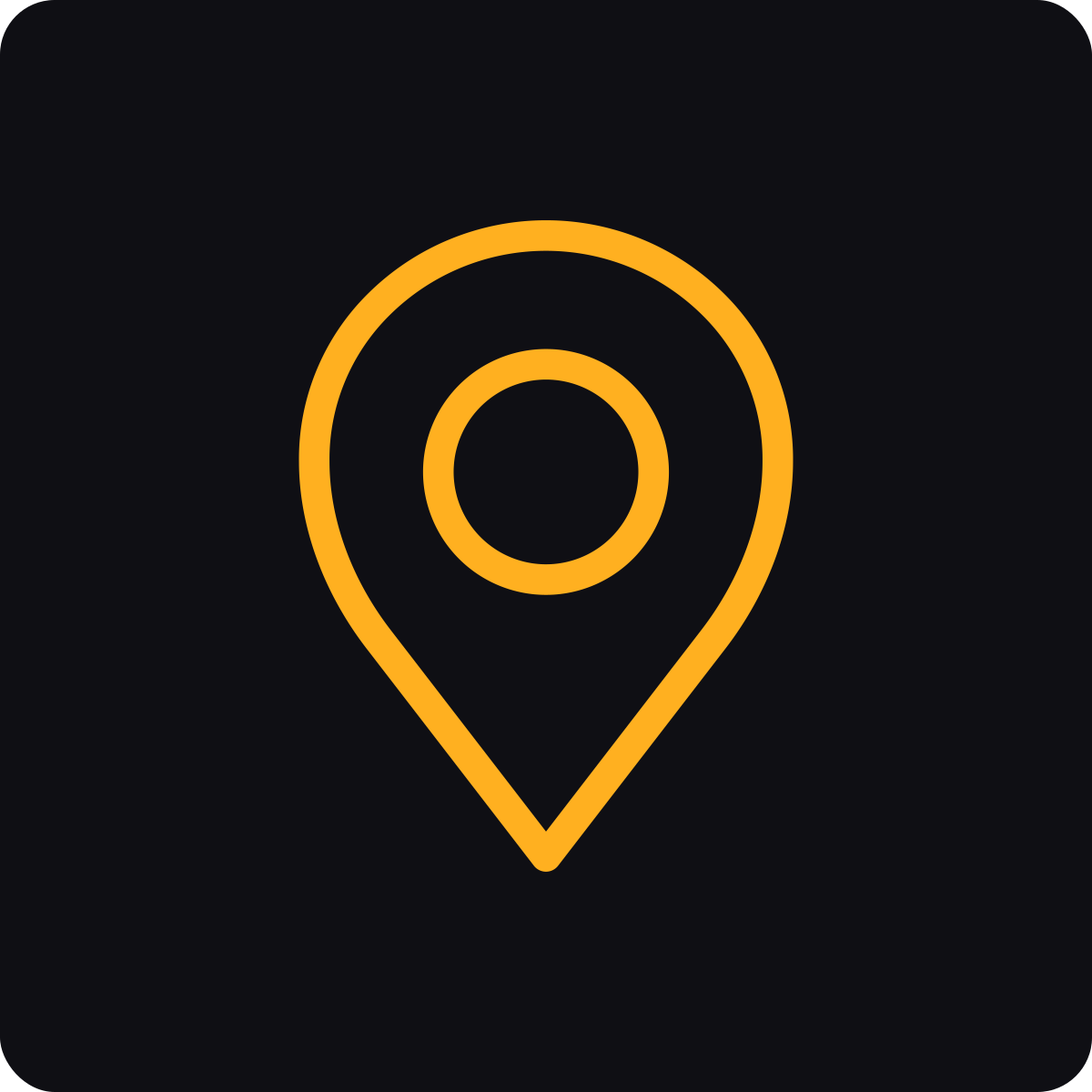 Map pin icon with orange outline on black background.