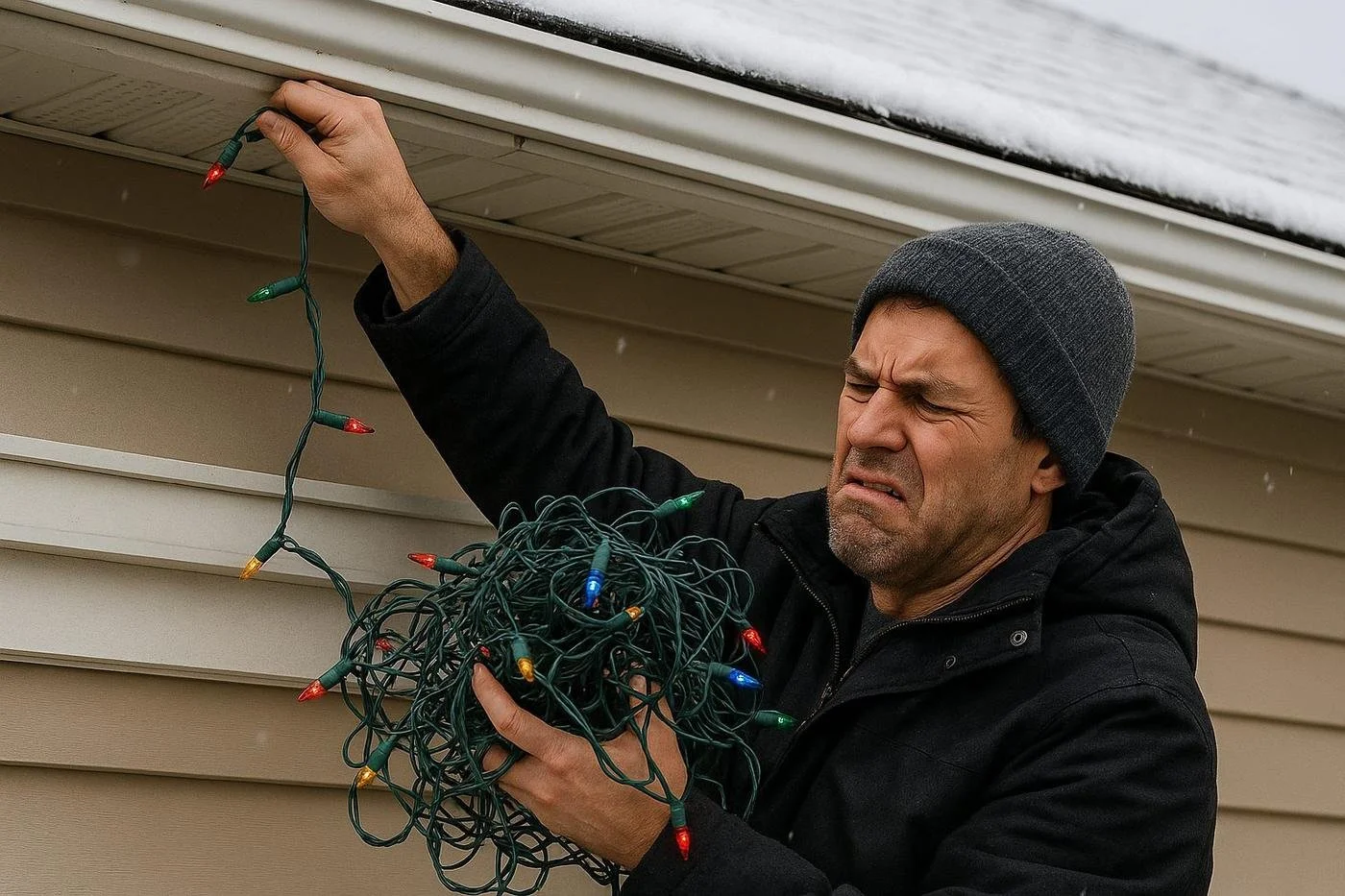 A man with a gray beanie and black jacket pulls tangled Christmas lights off the edge of a house's roof in cold weather.