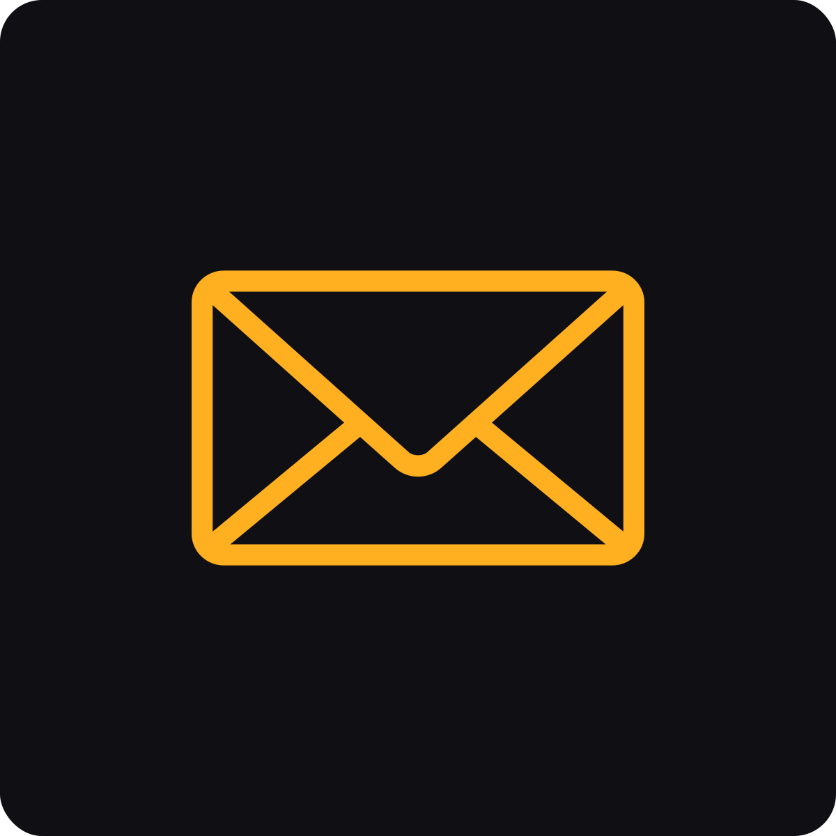 Icon of an envelope in orange color on a black background.
