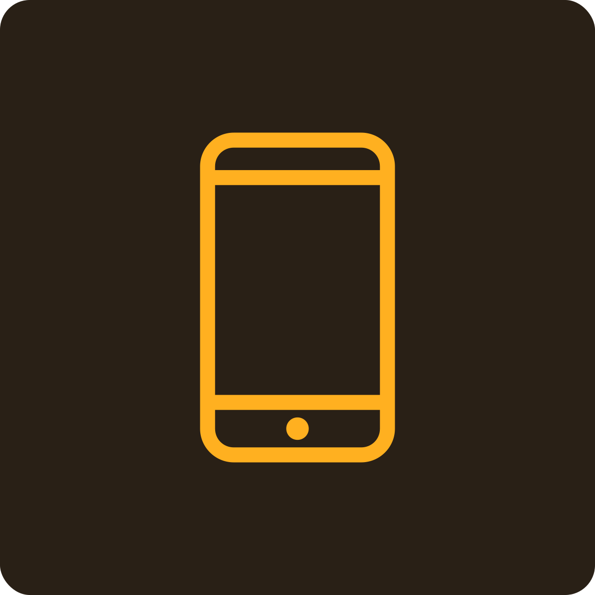 Icon of a mobile phone with a yellow outline on a dark background.