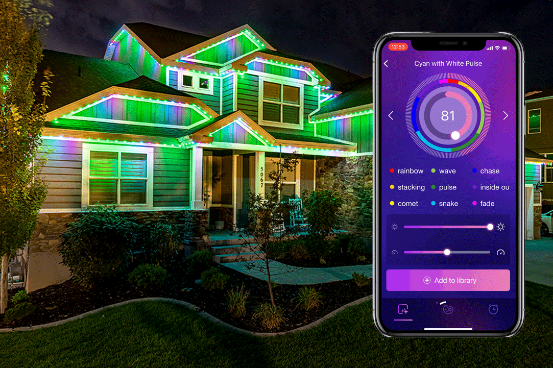 A house decorated with colorful LED holiday lights at night, with a smartphone app controlling the lights, showing various color and effect options.