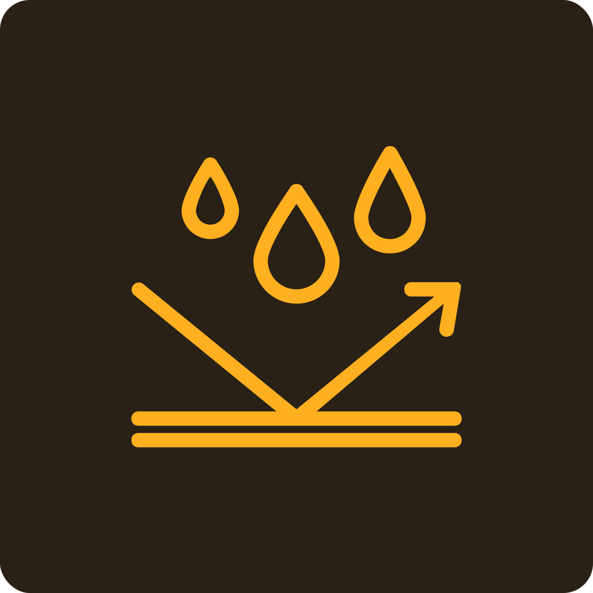 Water droplets and an upward arrow over a surface to indicate water resistance or waterproof property.