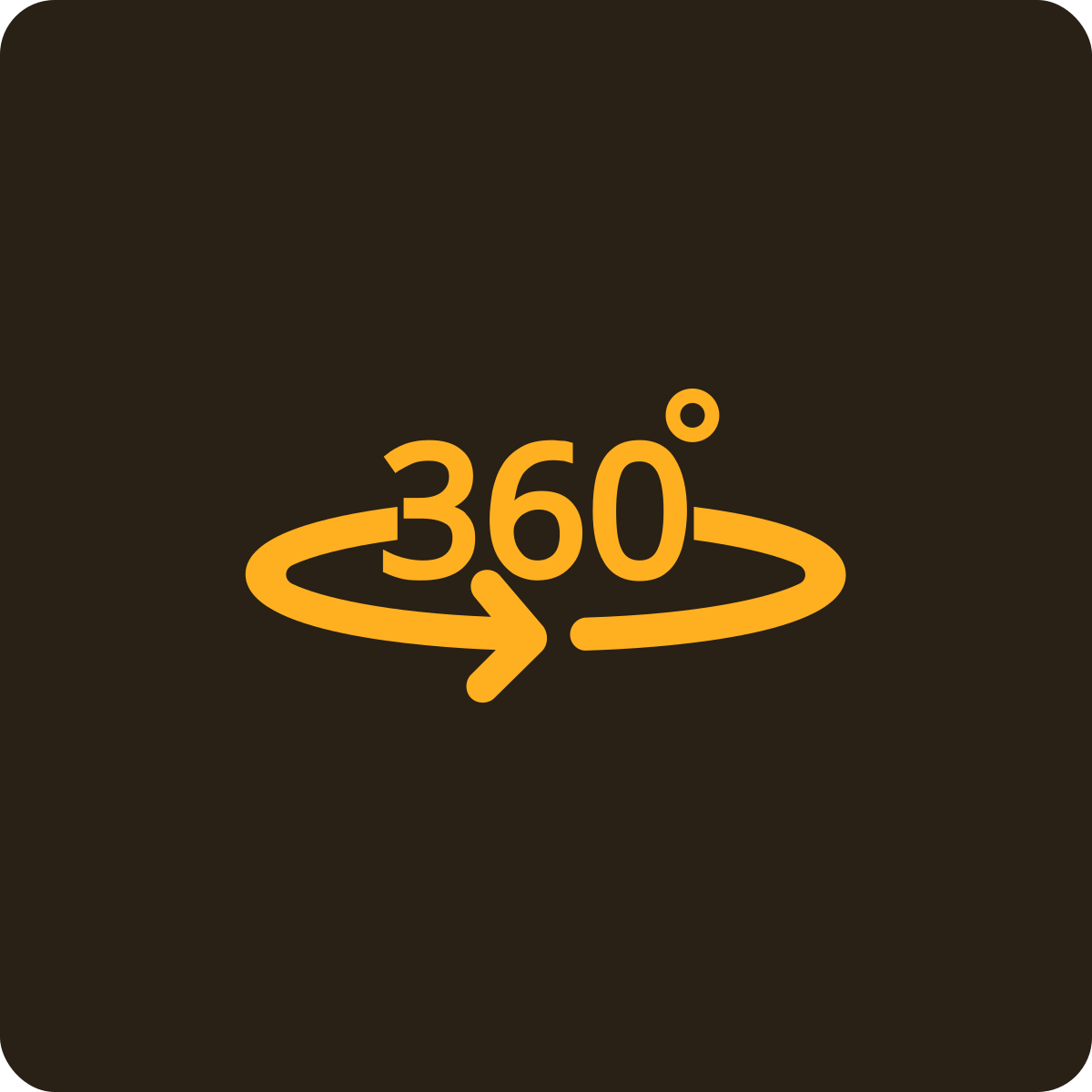 Icon depicting a 360-degree rotation with an arrow around the number 360 in orange on a dark background.