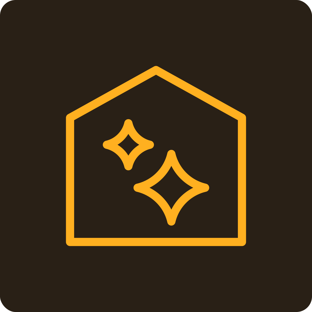 Icon of a house with two sparkling stars inside, outlined in orange on a dark background.