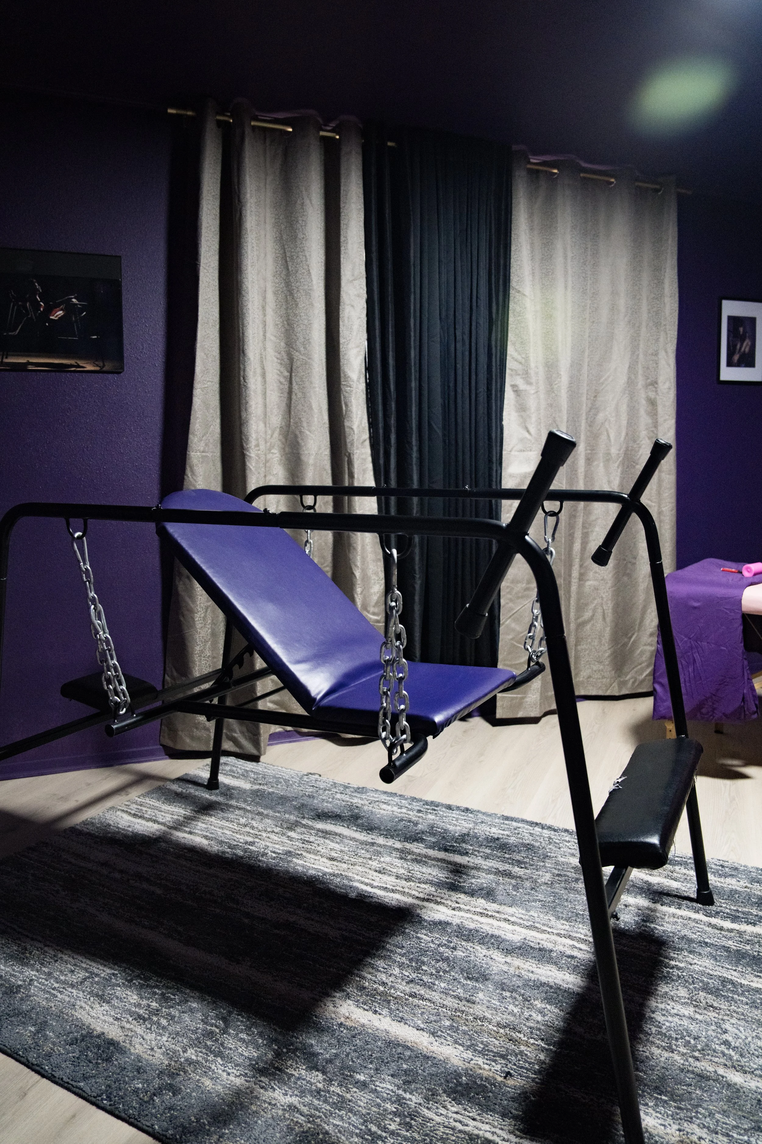 A living room with dark purple walls, beige and black curtains, and framed artwork on the walls. There is a blue swing with metal chains in the foreground, situated on a gray, black, and white patterned rug. The room appears cozy and well-lit with natural light.