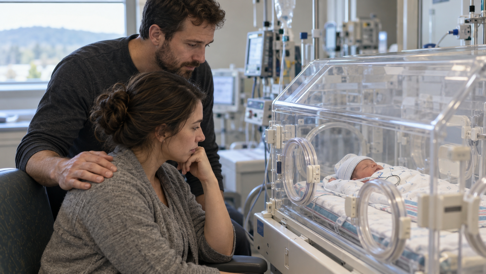 Two adults looking at a baby in a hospital incubator due to a birth injury because of medical malpractice.