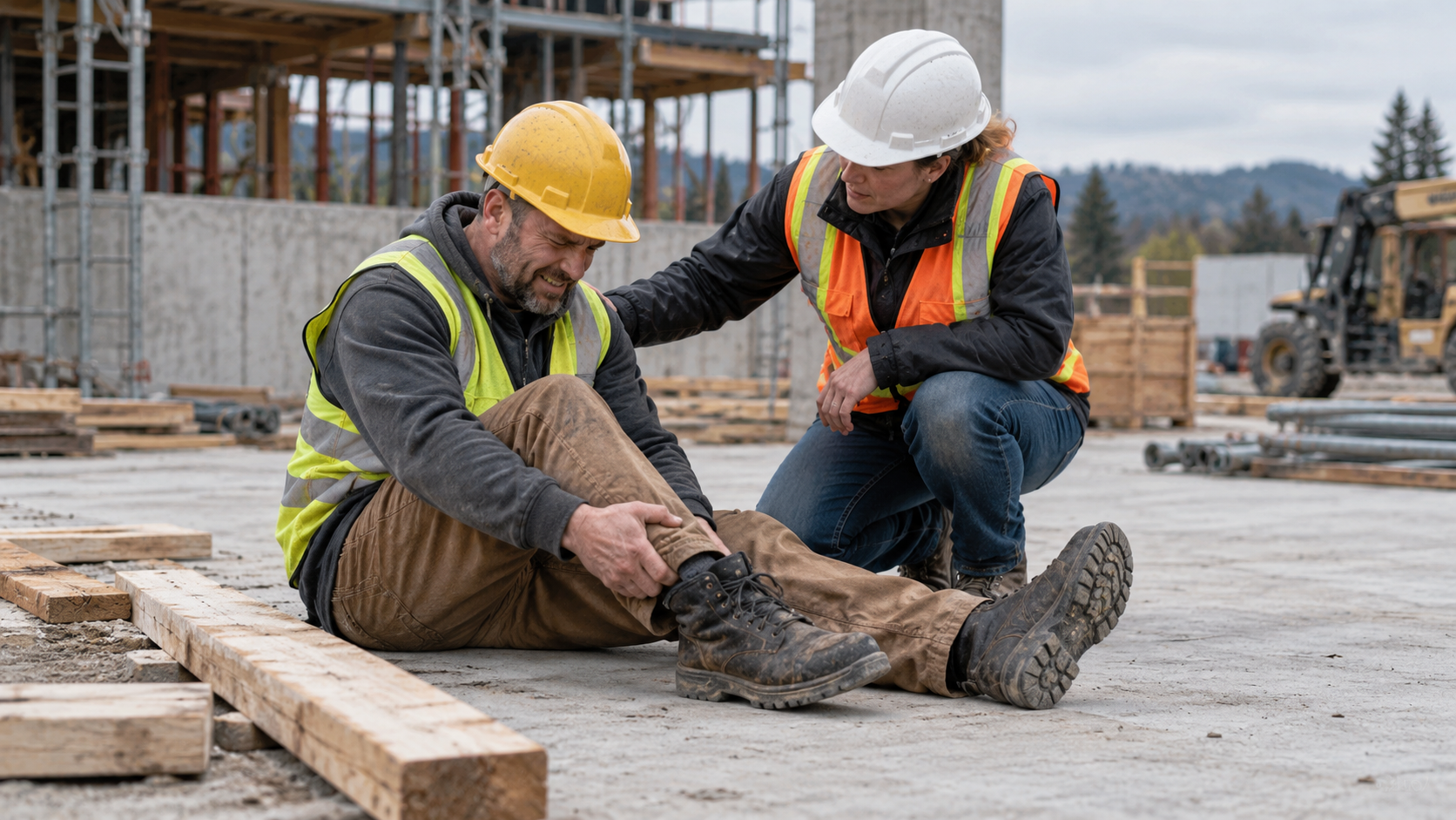 Construction worker assisting another worker seated on the ground due to a workplace injury.