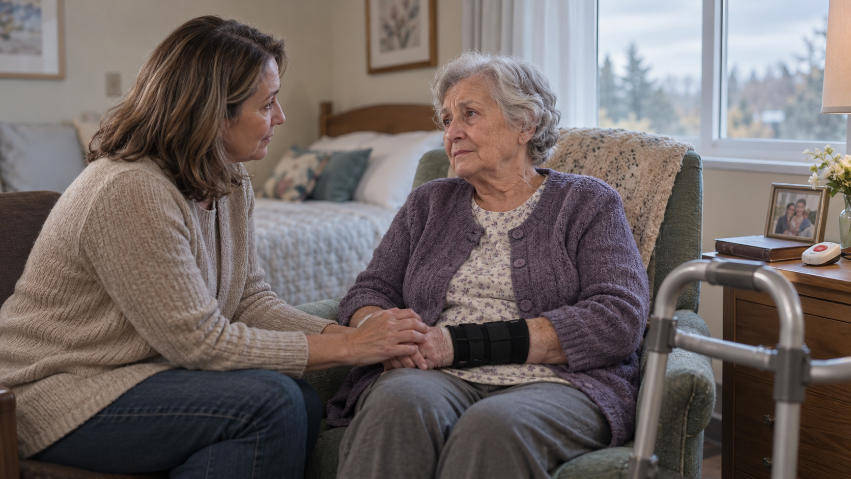 Woman seated beside an elder woman that was abused, holding her hands.