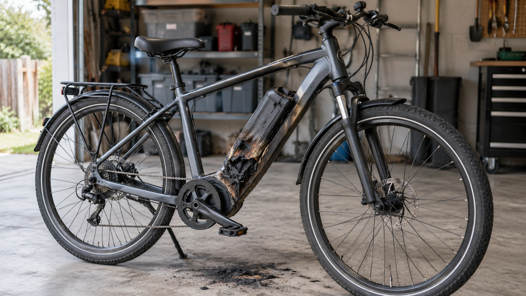 Electric bicycle with visible damage due to defect in a garage.