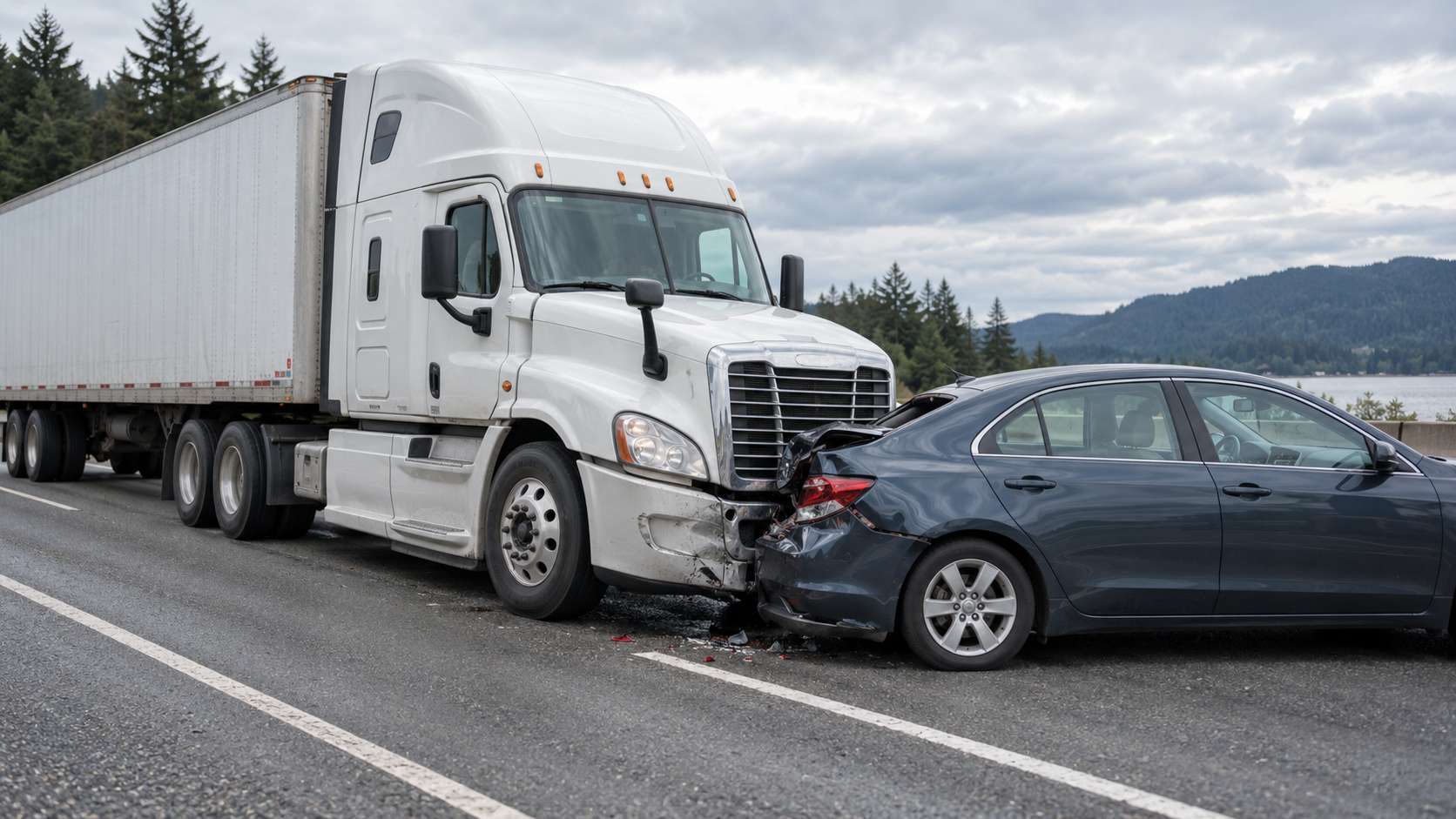 Semi-truck and passenger car involved in a collision on a roadway.