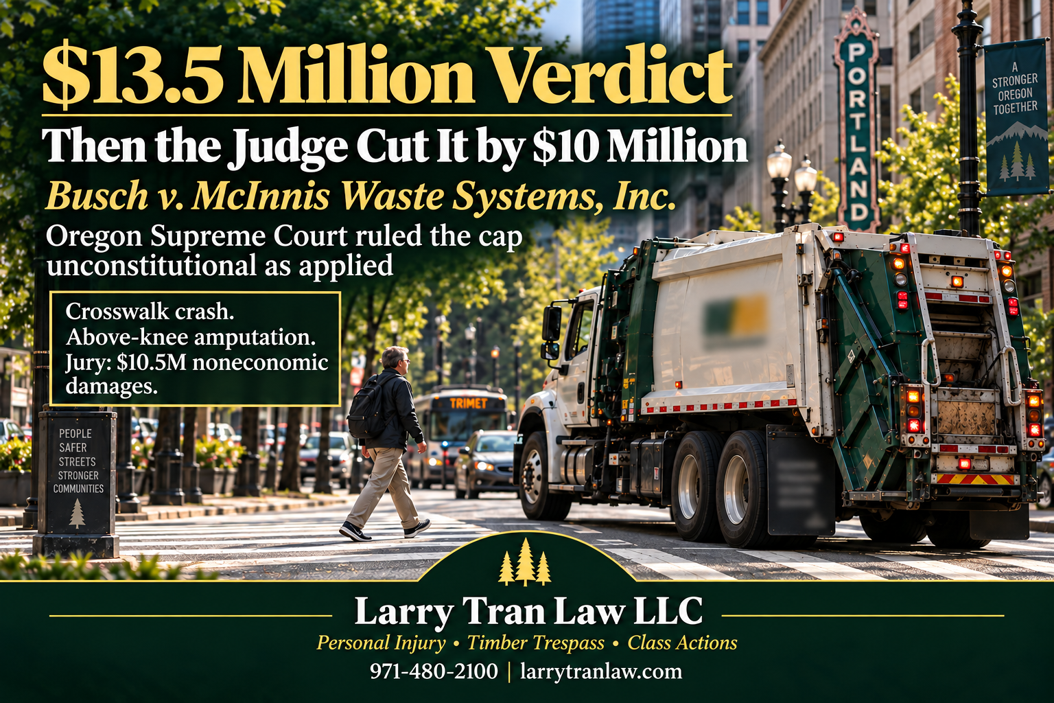 Illustrative Portland crosswalk crash scene involving a commercial garbage truck, accompanying Larry Tran Law’s discussion of the $13.5 million jury verdict in Busch v. McInnis Waste Systems, Inc.; not a photograph from the case.