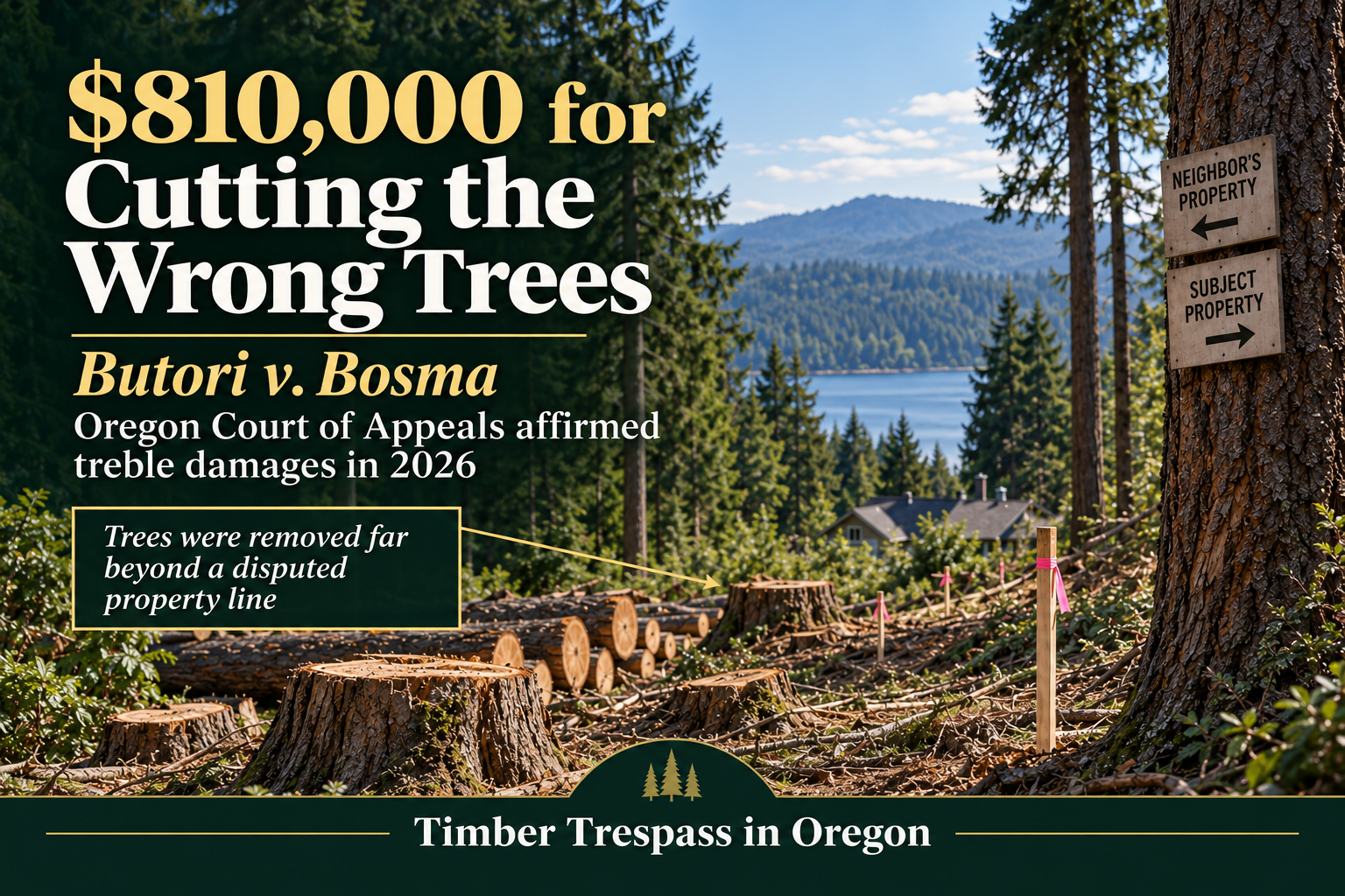 Illustrative Oregon timber-trespass scene showing cut trees near a property boundary, accompanying Larry Tran Law’s discussion of the $810,000 treble-damages judgment in Butori v. Bosma; not a photograph from the case.