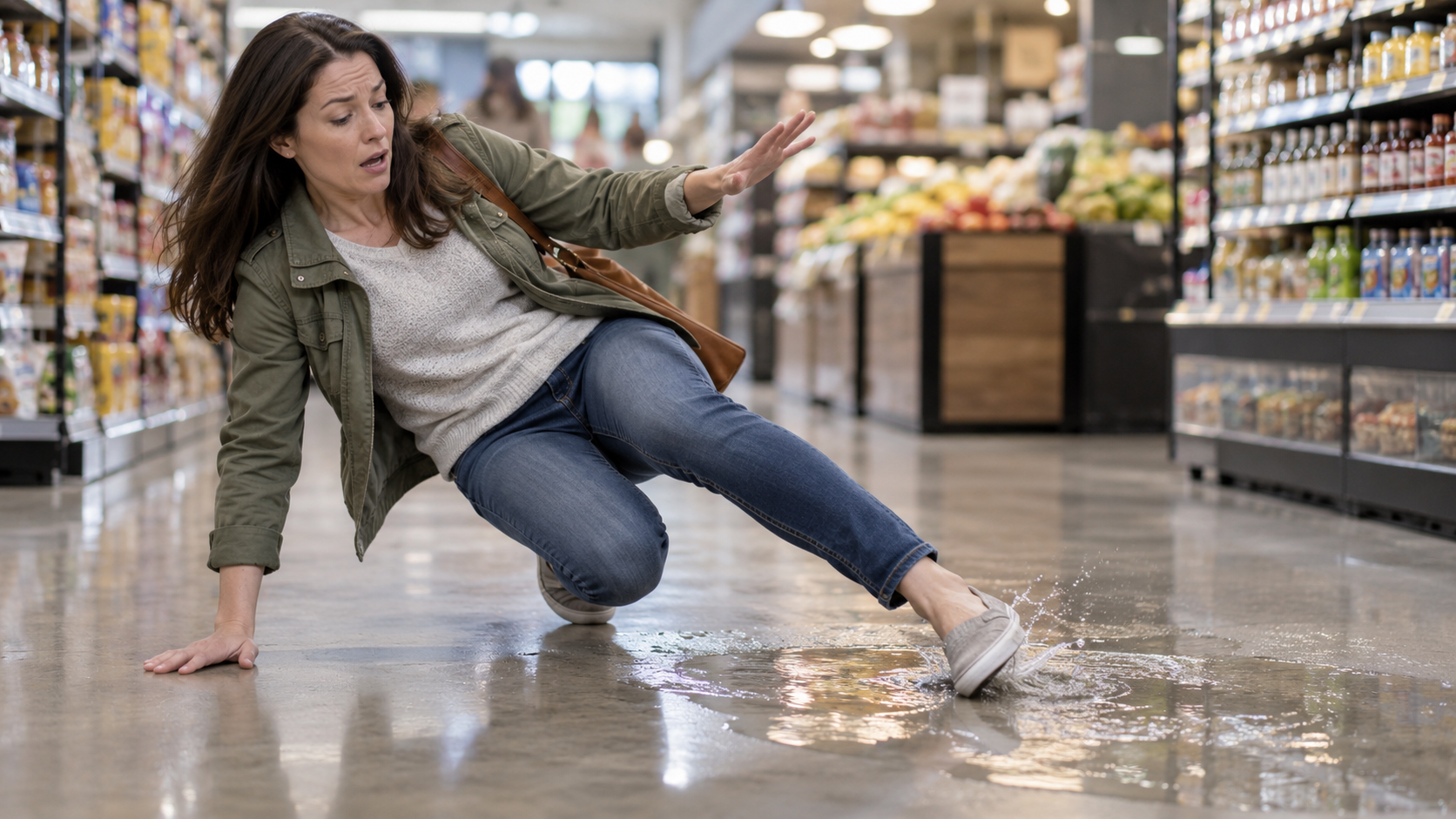 Woman slipping on a wet floor in a grocery store aisle.