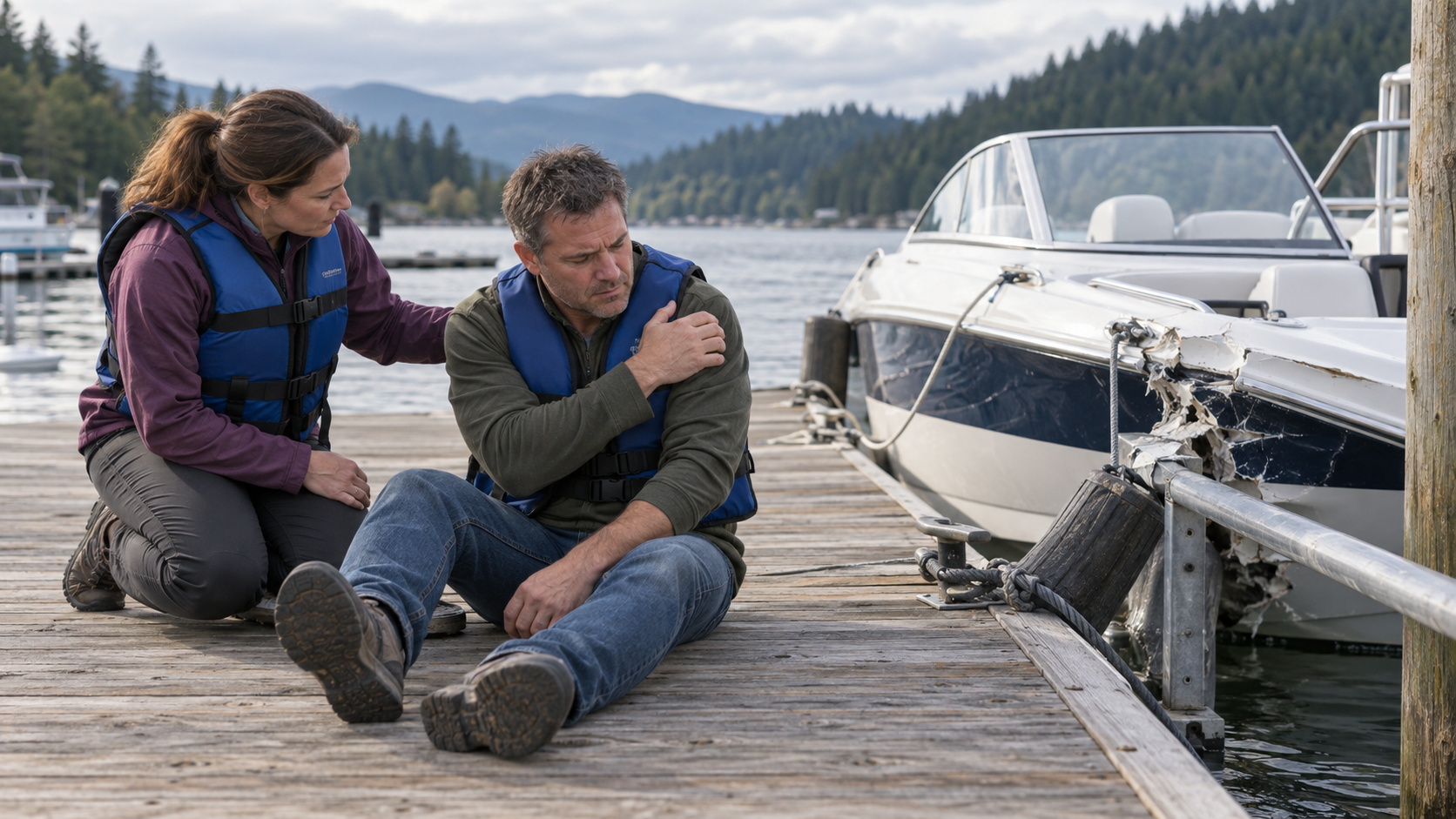 Two adults seated on a dock beside a damaged boat.