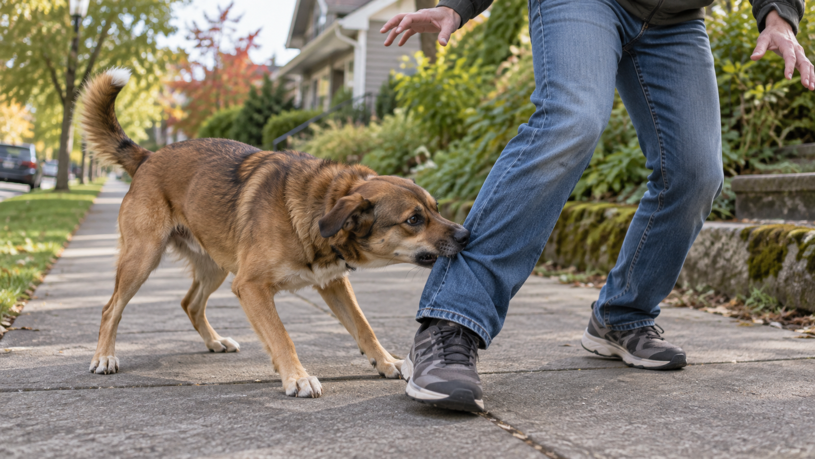 Dog biting a person’s trouser leg on a sidewalk.