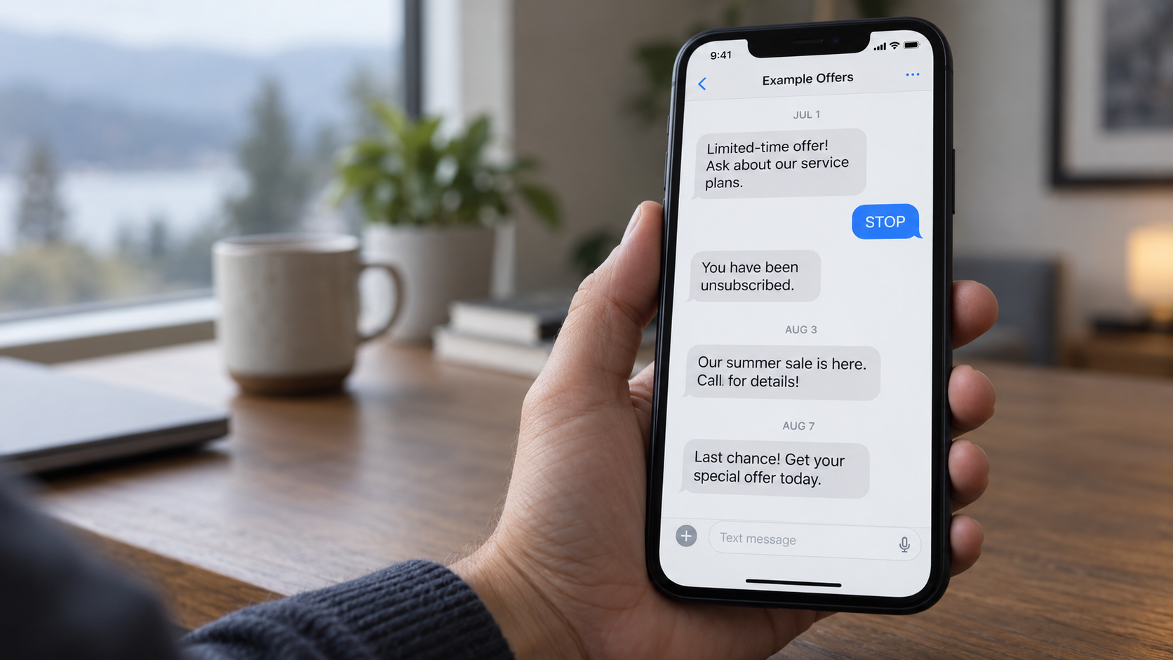A TCPA violation. Hand holding a smartphone displaying promotional text messages, despite texting "stop".