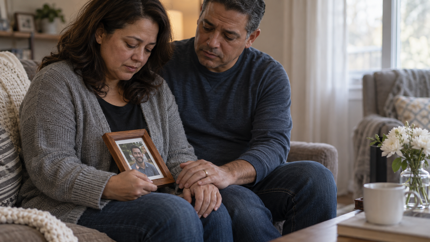 Two adults seated together on a sofa, holding a framed photograph due to the wrongful death of a beloved.
