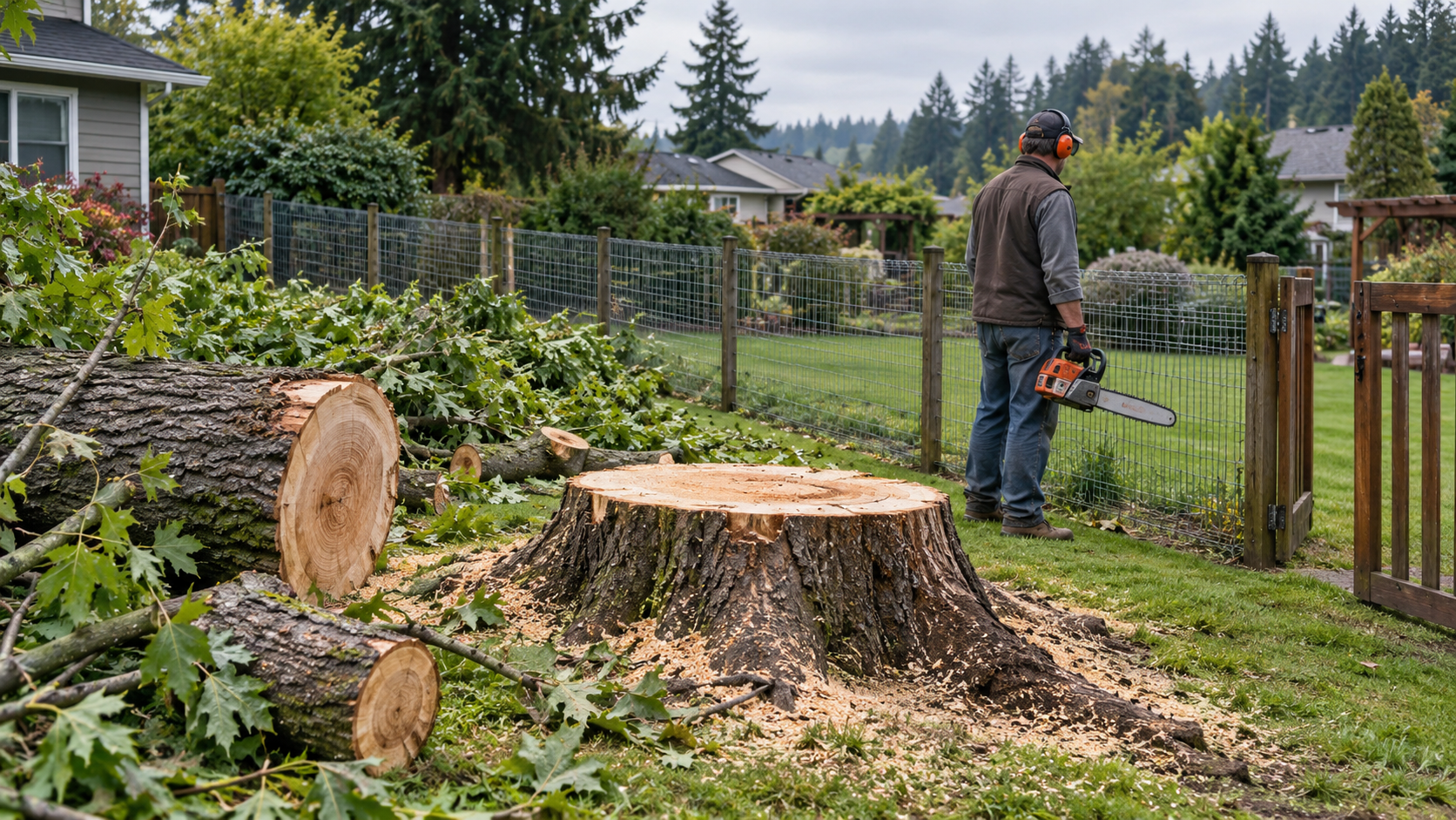 Tree stumps and cut branches scattered across a fenced yard. Tree company cut owners tree, liable for cutting tree without permission.