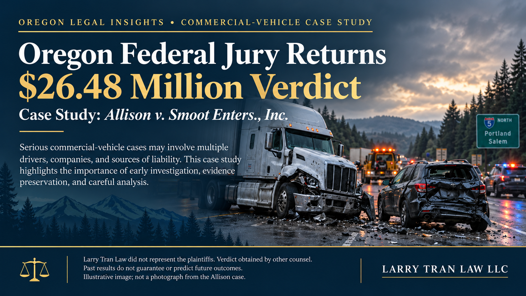 Illustrative commercial-vehicle crash scene, not from the Allison case, accompanying Larry Tran Law’s discussion of the $26.48 million jury verdict in Allison v. Smoot Enters., Inc.