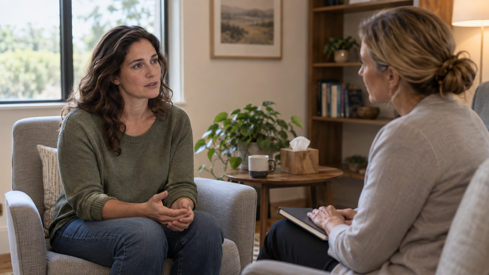 Two women seated in conversation, with therapist taking notes about victim that was sexually assaulted and/or raped.