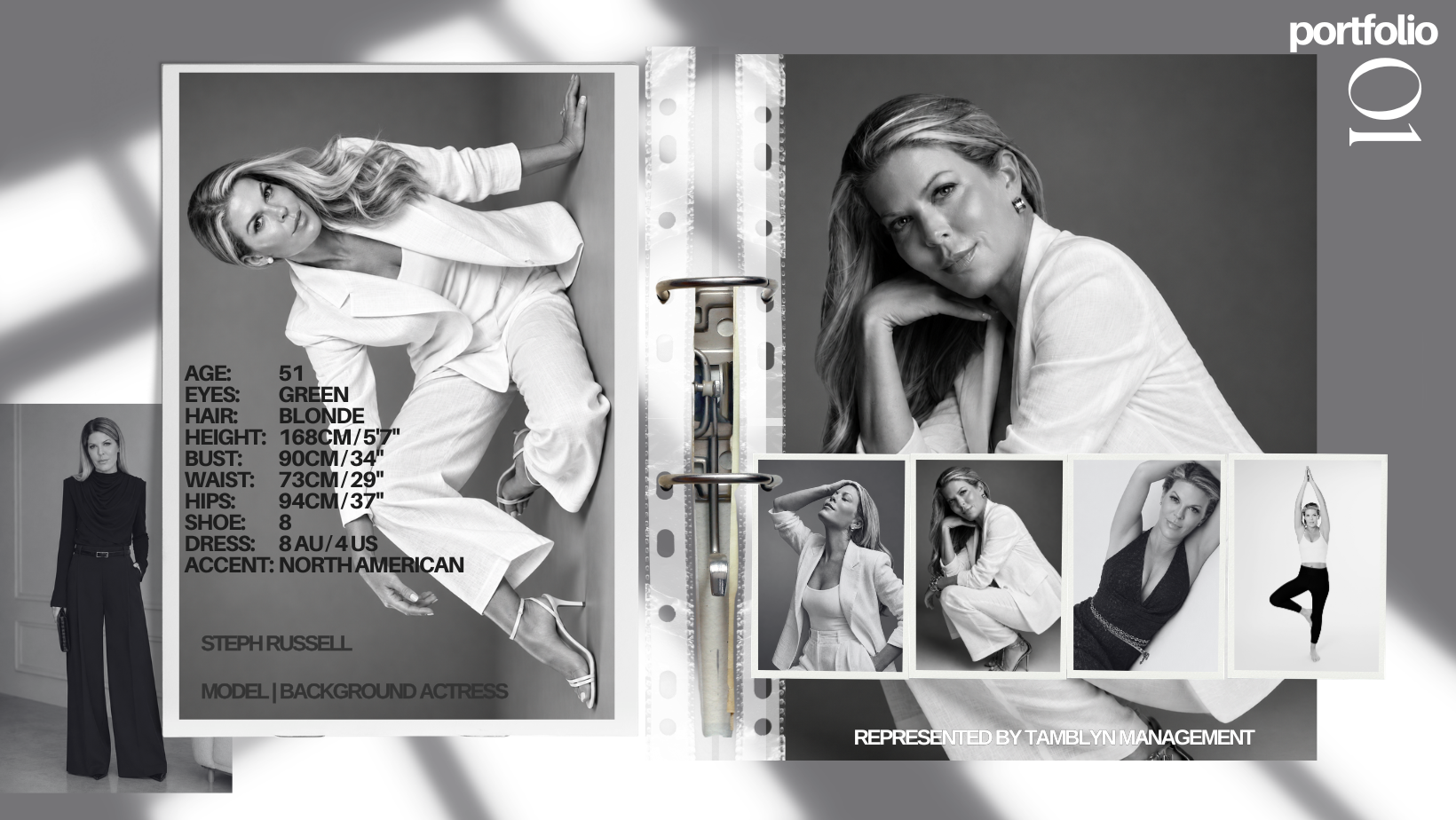 Black and white fashion portfolio featuring a model named Steph Russell. The portfolio includes a main full-body image of her sitting on the floor in a white suit and heels, and four smaller images showing her in different poses, including yoga. The left side shows her height, weight, hair, eye color, and other personal information, with her name and the agency managing her. The background is neutral with a minimalist design, and the images are arranged in a film strip style.
