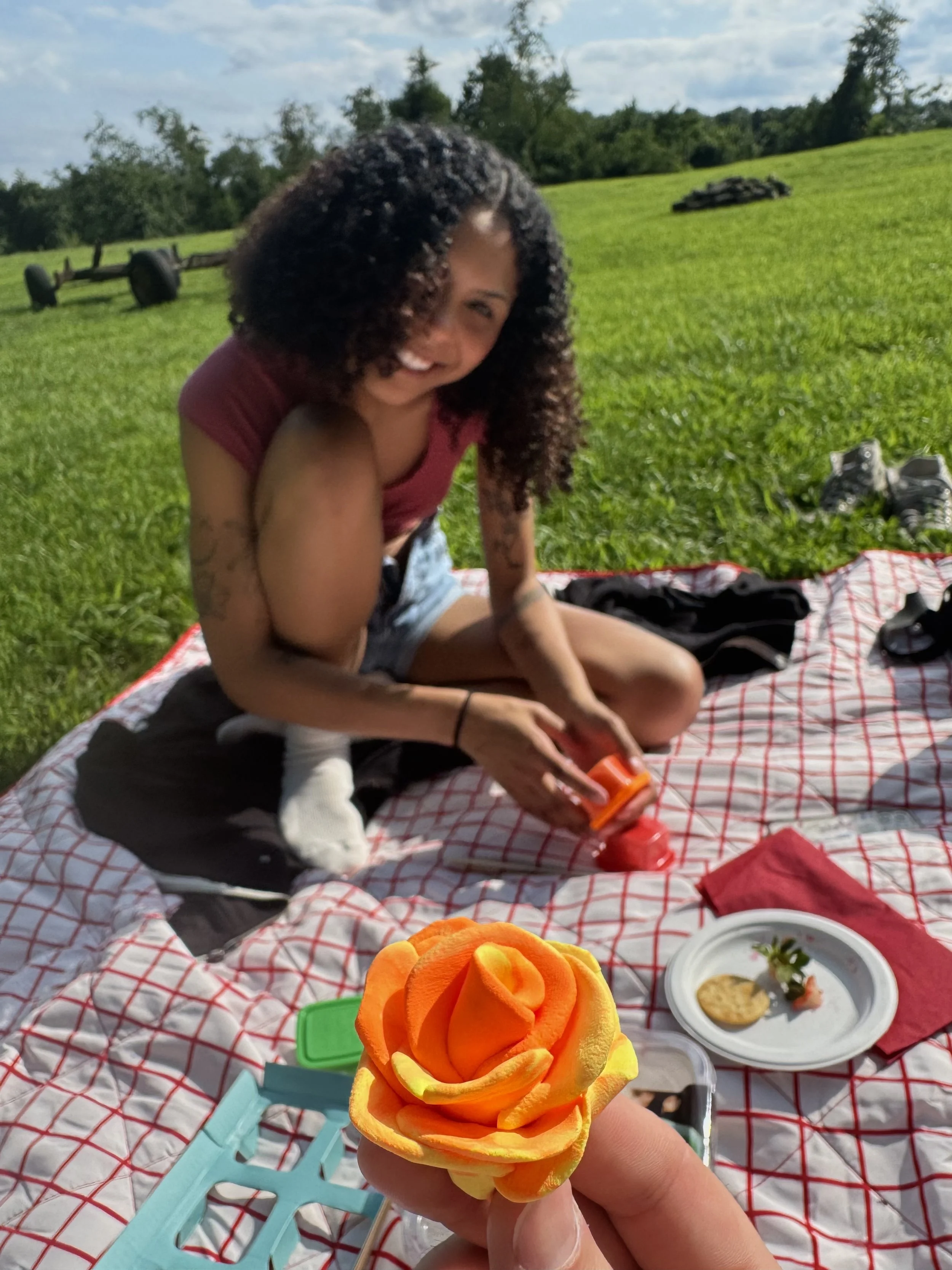 A woman with curly hair sitting on a blanket in a grassy field, with food and decorative items around her. She is holding a small, colorful flower-shaped object in her hand, which is close to the camera. The scene is outdoors with trees and a cloudy sky.