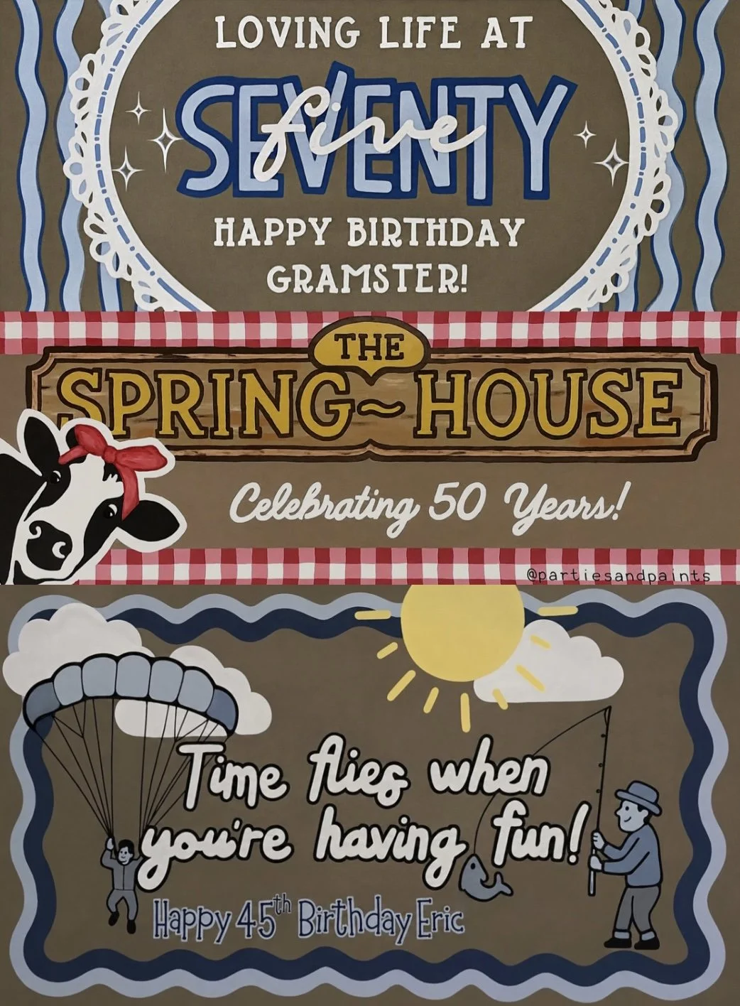 A birthday card with various illustrations and text. The top part says, 'Loving life at seventy' and 'Happy birthday Gramster!'. The middle part features a sign that says 'The Spring House' and details celebrating 50 years. The bottom part displays a sunny day with a boy parasailing, a person fishing, and the text, 'Time flies when you're having fun! Happy 45th Birthday Eric'.