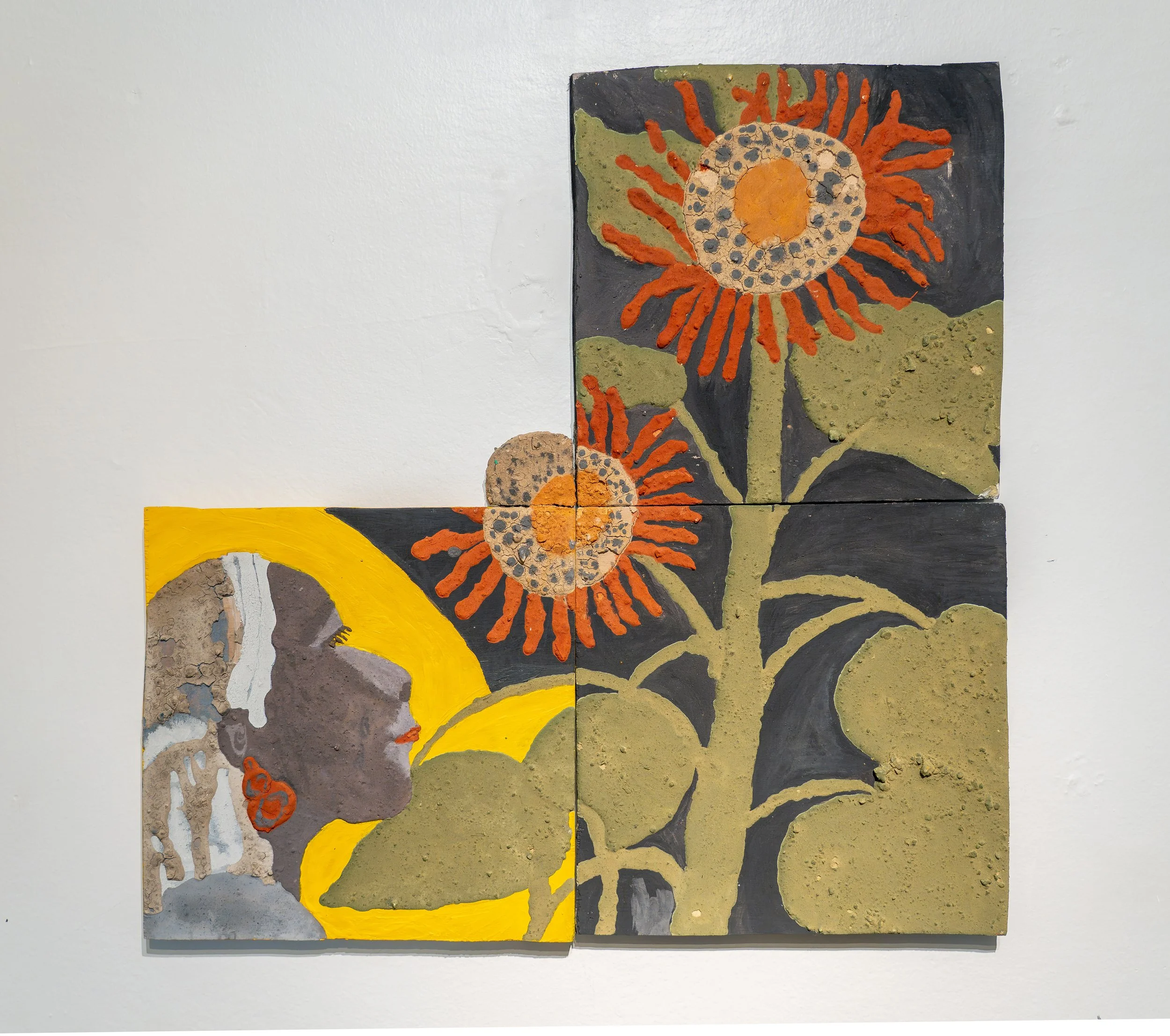 Floral letters from Jersey: Half of a Yellow Sun, 24 x 12 x 24 in , Laredo Soil, concrete dyes, acrylic paint, on plywood, 2026