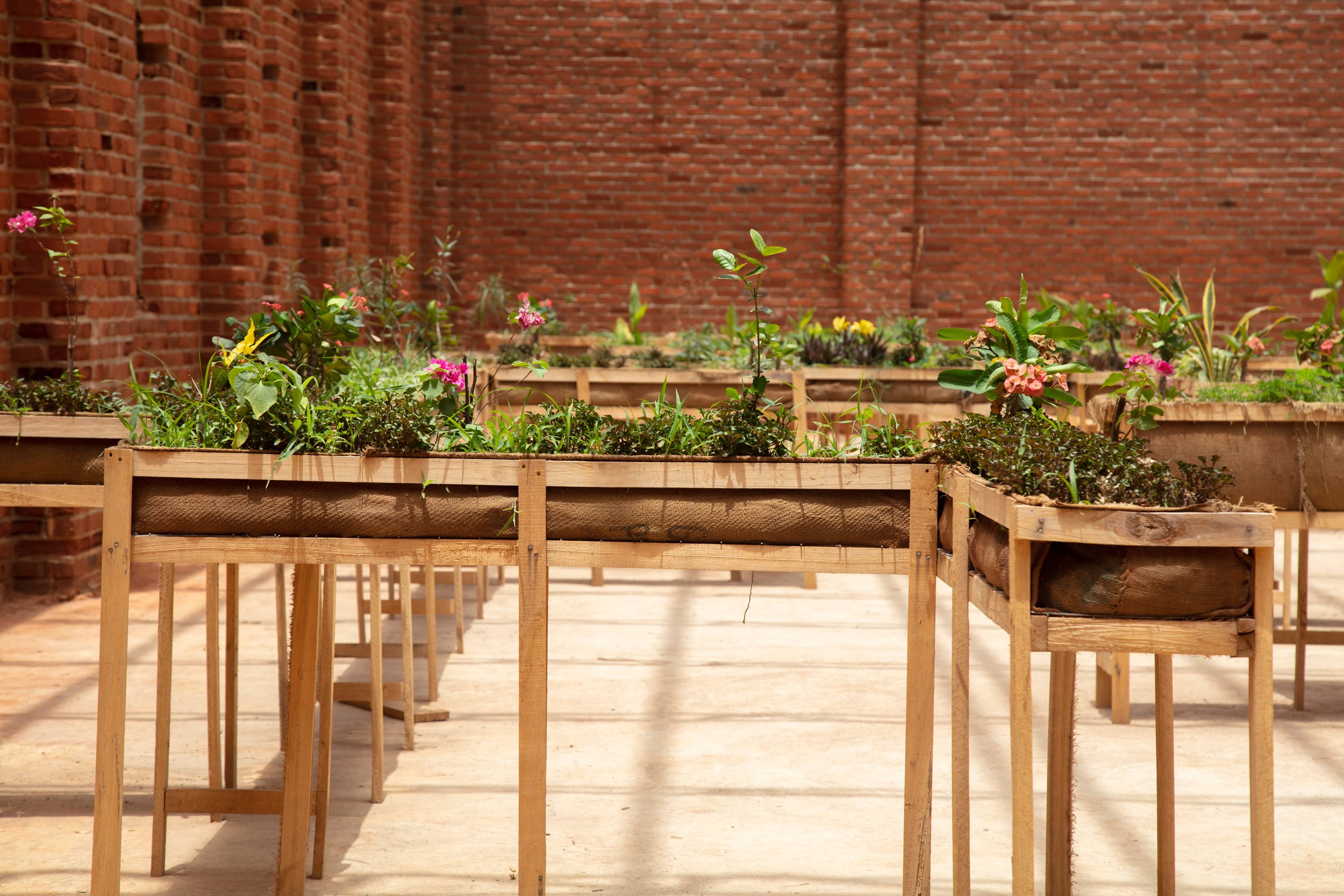 Cul-de-sac (detail), Varied dimensions, Varied Flowers, soil, burlap, wood, 2022