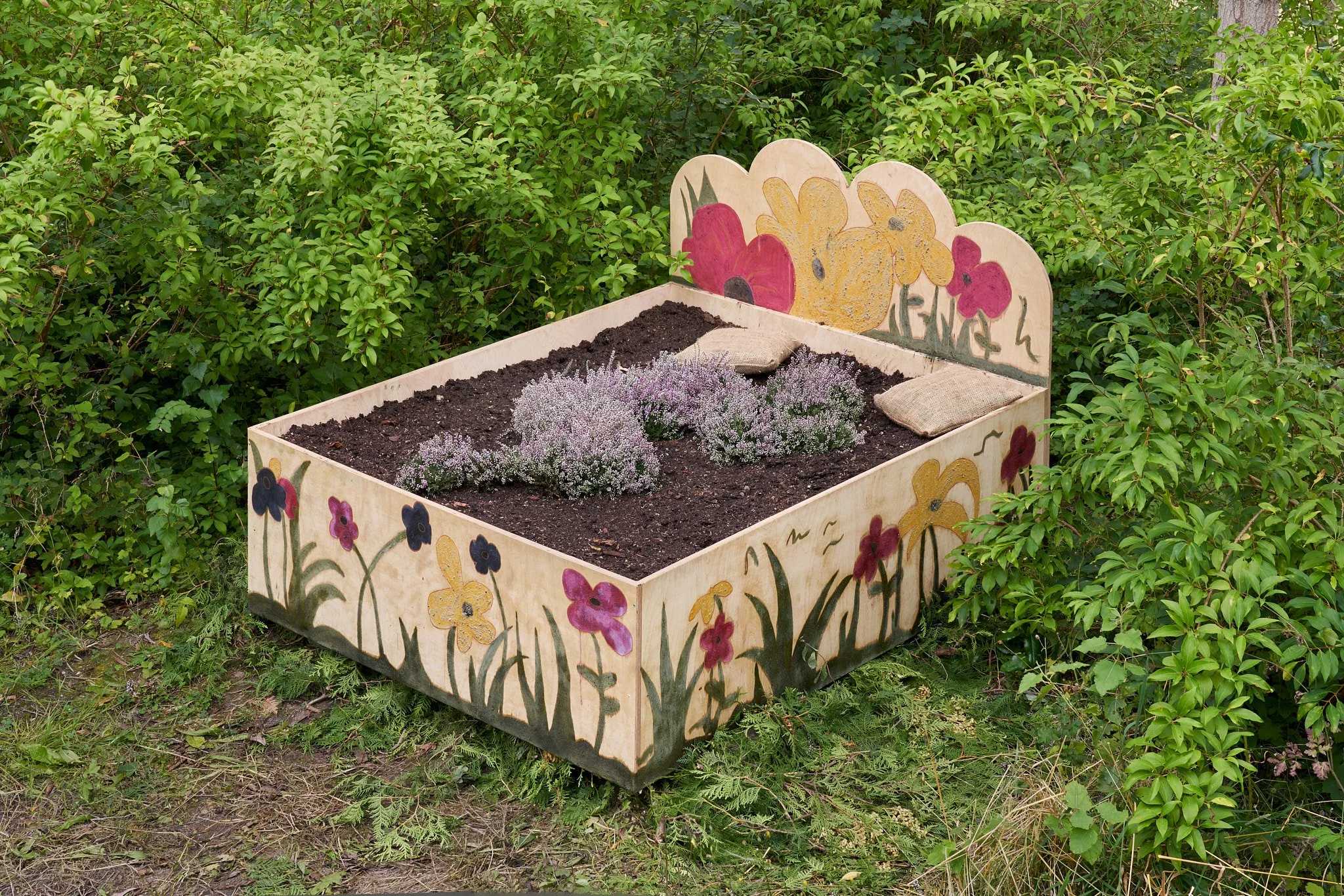 Rest, 6 x4 x4 ft, Fabric dyes on wood, Soil, burlap, Common Heather Plant, 2024