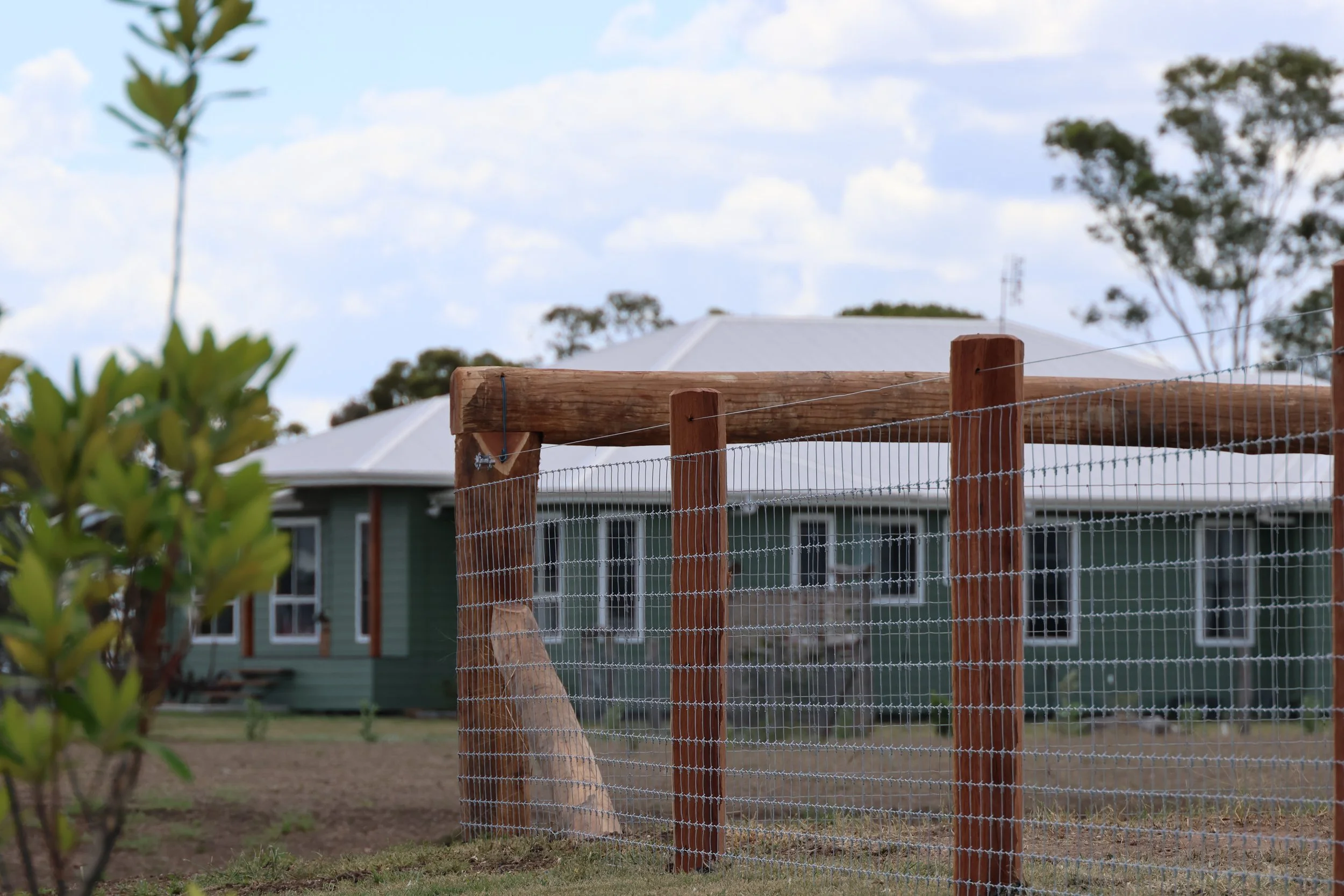 A wooden fence with wire mesh panels 