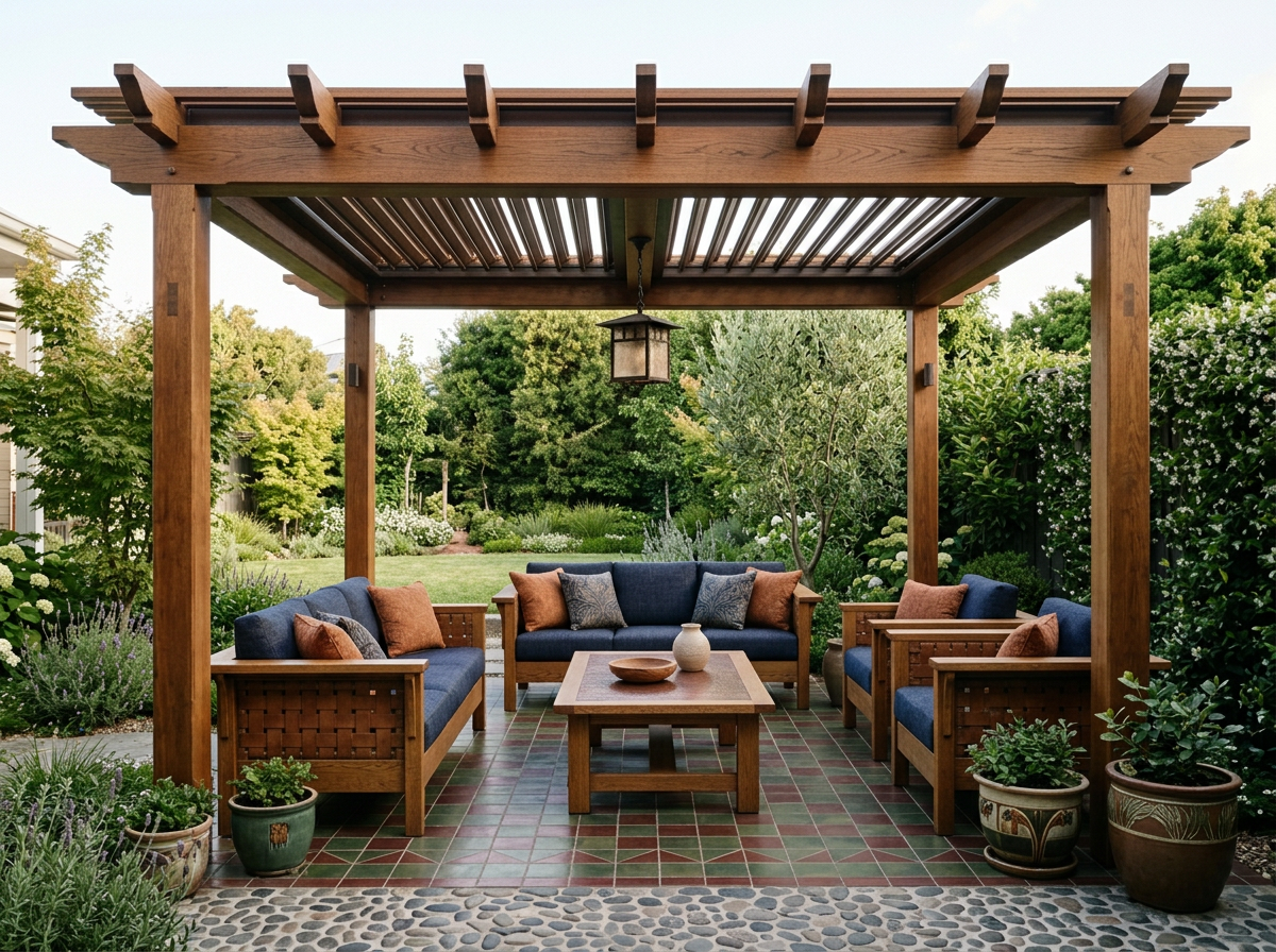 An outdoor seating area with wooden furniture, navy blue cushions, and various throw pillows under a wooden pergola, surrounded by green plants and trees.