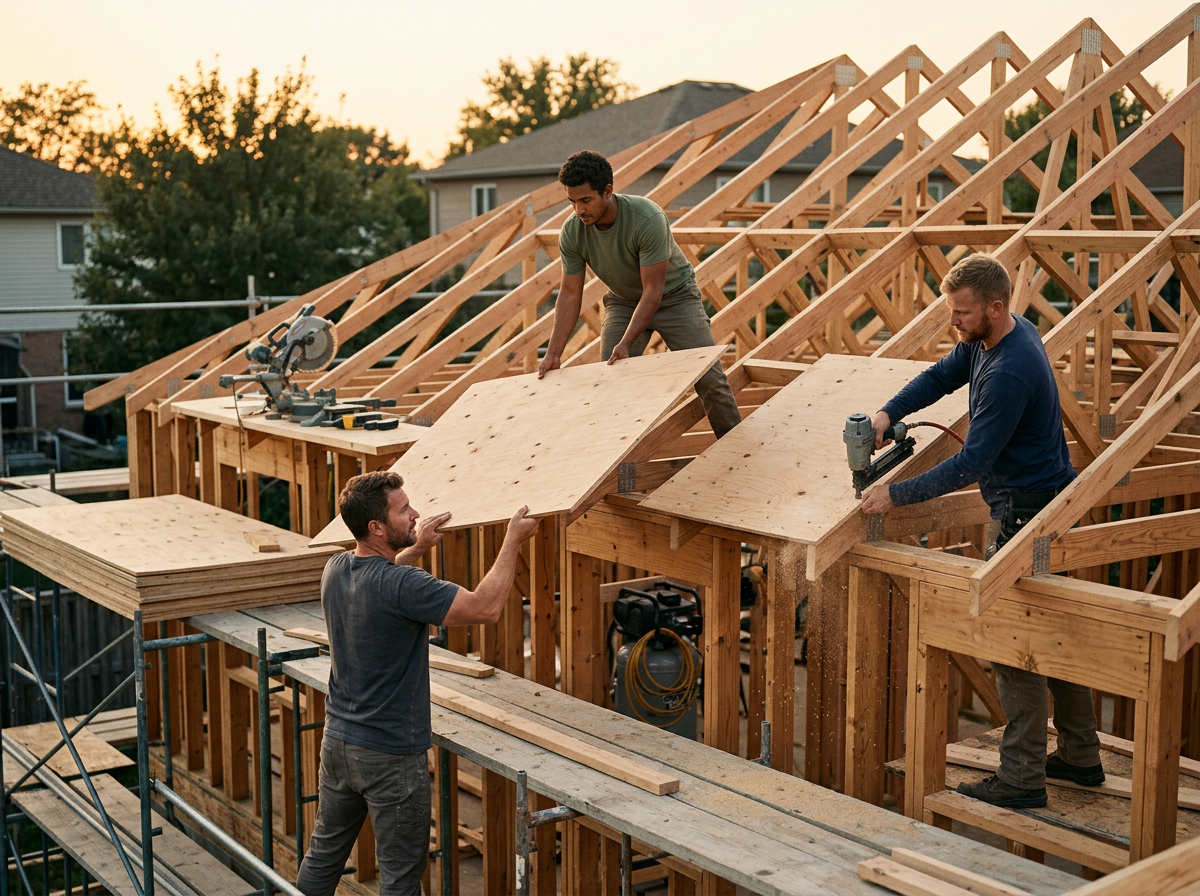 Three men working on constructing a wooden house frame. One man is holding a plywood sheet, another is using a nail gun, and the third is assisting with the placement of the plywood. The construction site is outdoors during sunset.