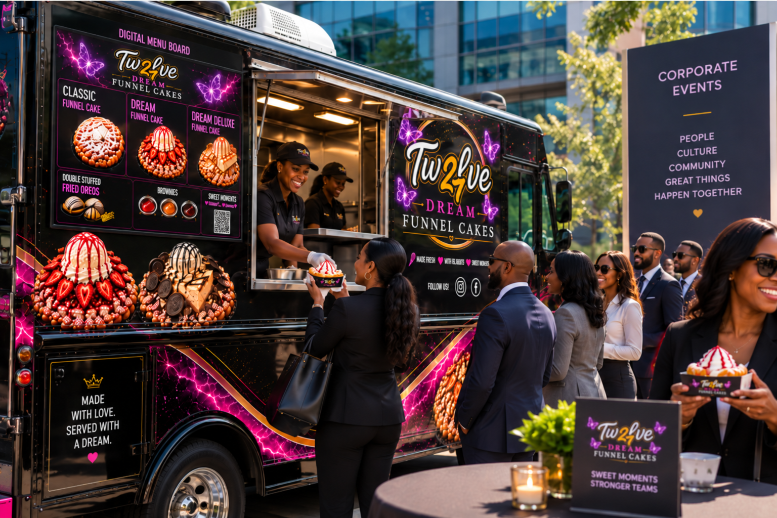 A food truck named 'Tuw2ve Dream Funnel Cakes' serving funnel cakes at an outdoor event with people in business attire ordering and enjoying desserts. The truck has a colorful design with butterflies and images of funnel cakes, and a menu listing different funnel cake options and desserts.