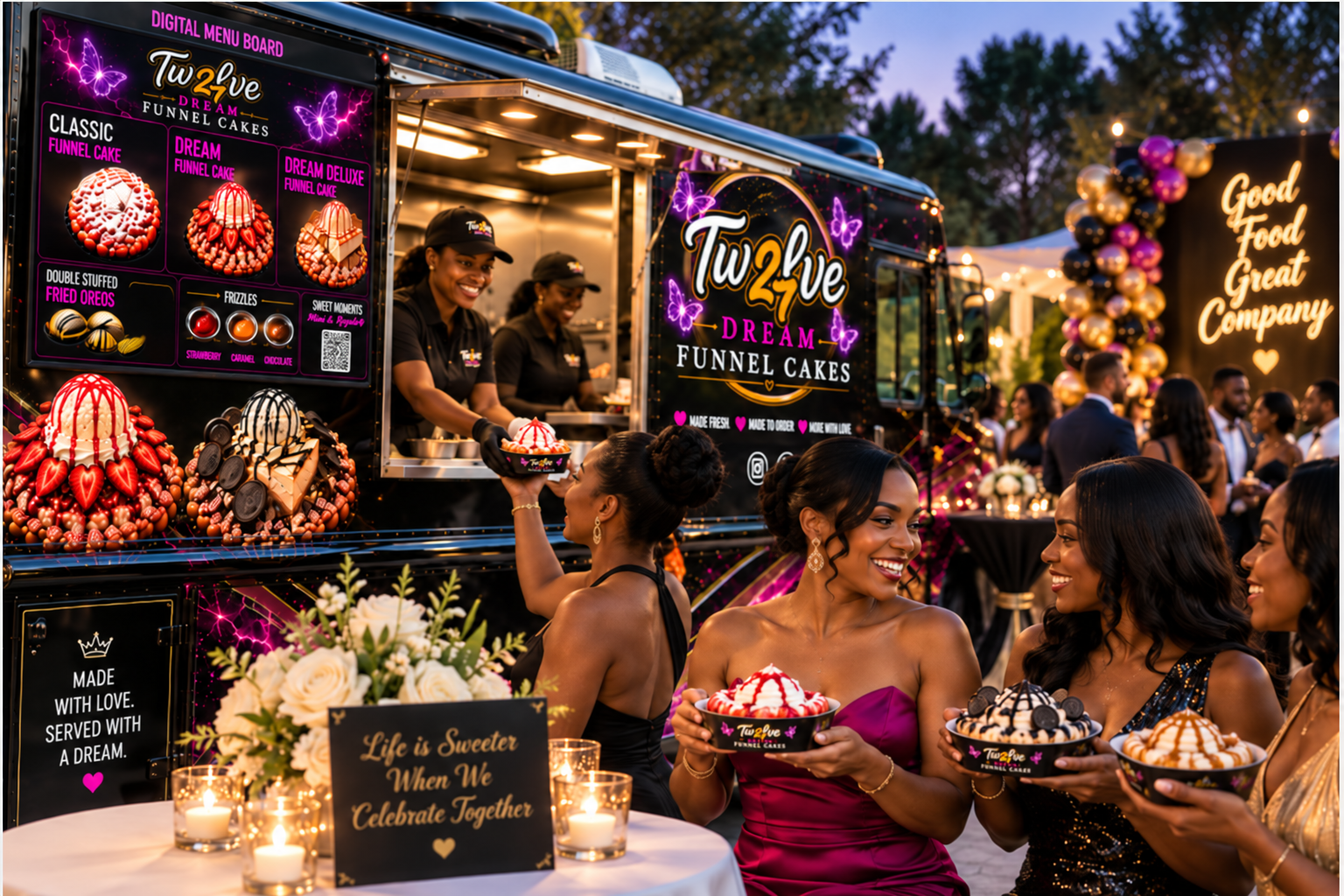A lively outdoor event with a dessert food truck selling funnel cakes. The truck is decorated with pink and purple lights and has a digital menu displaying different funnel cake options and fried treats. People dressed elegantly are enjoying their funnel cakes, smiling and chatting, with a decorated table featuring candles and a floral arrangement. A large sign in the background reads, 'Good Food Great Company,' and the atmosphere is festive with balloons and string lights.