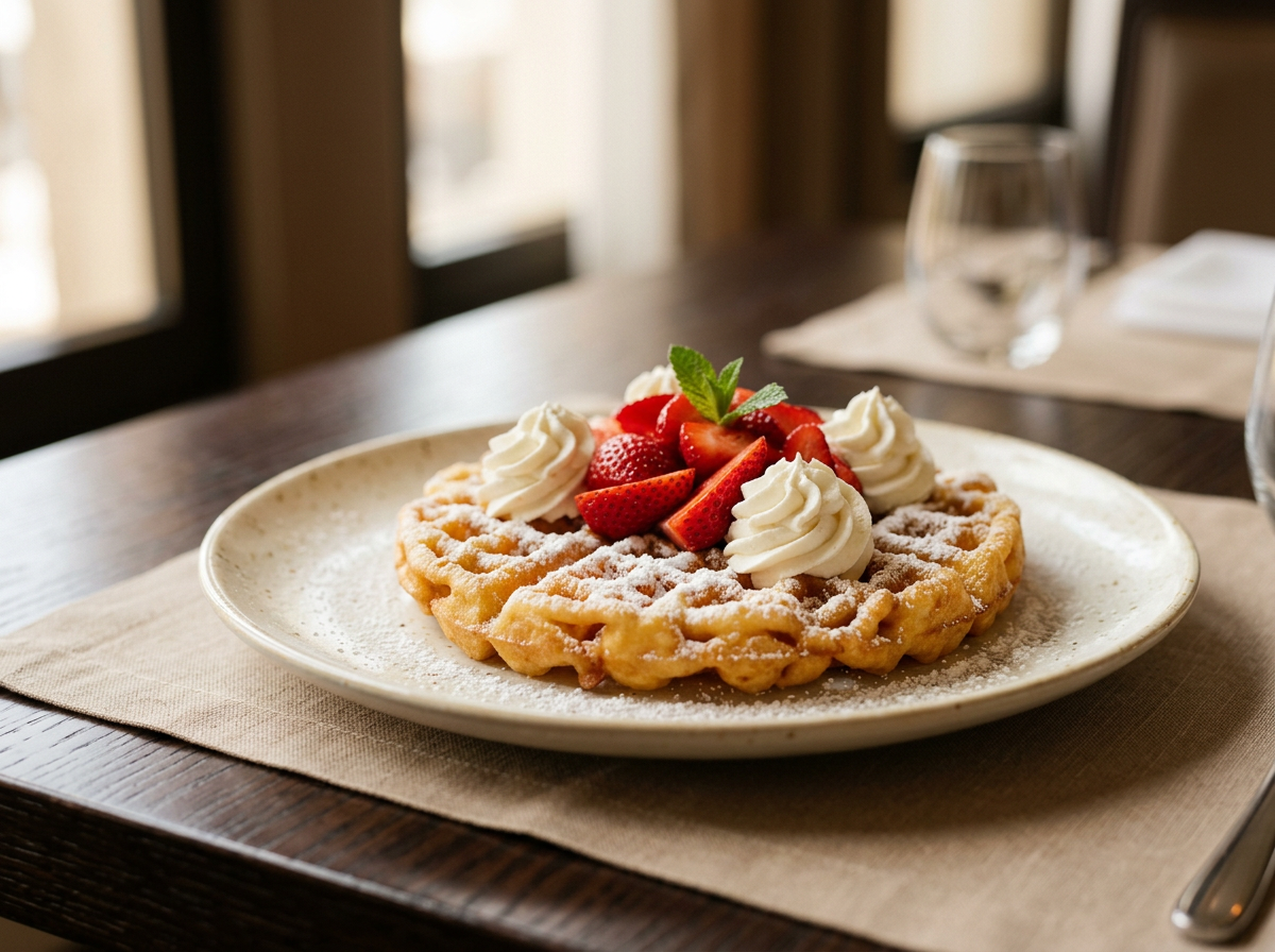 A Belgian waffle topped with strawberries, whipped cream, and powdered sugar, garnished with a mint leaf, served on a white plate.
