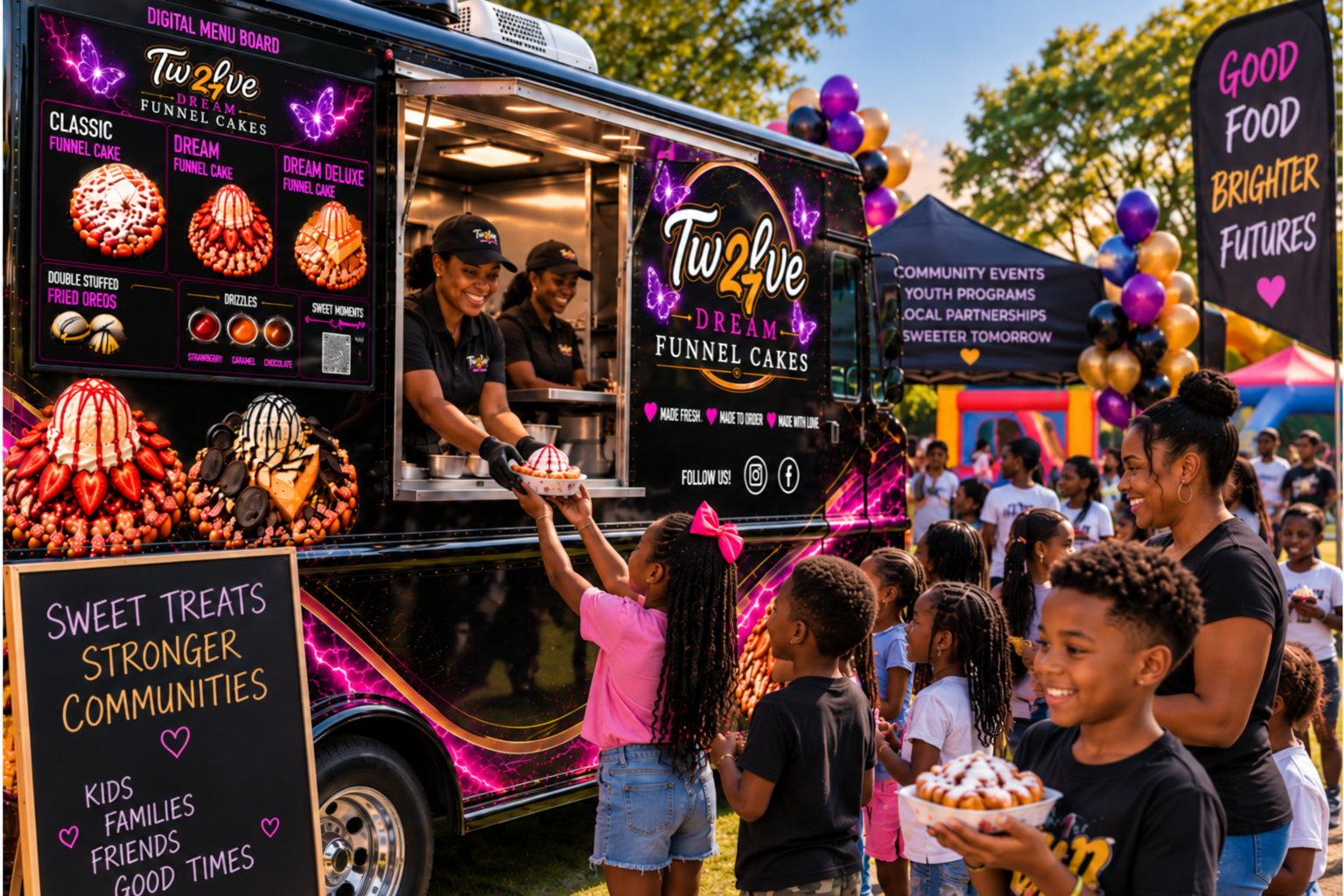 A young girl in a pink shirt and jeans receives a dessert from a smiling woman at a colorful food truck offering funnel cakes, with children and adults waiting in line at an outdoor event with balloons and tents in the background.