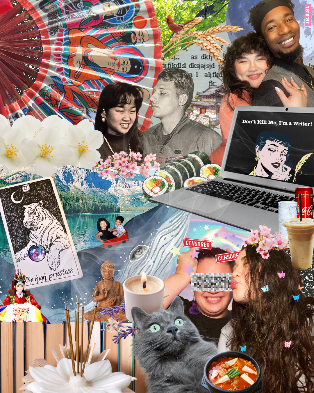 Vibrant collage that has a variety of Korean culture images, tarot cards, candles, incense, various smiling people, and a laptop that says "Don't Kill Me, I'm a Writer!" with a comic image of a person crying dramatically.