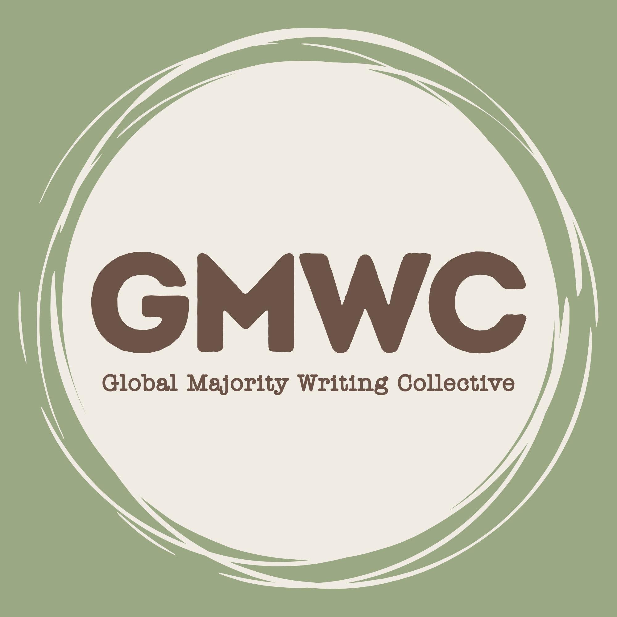 Graphic of a circle logo with a green background and the letters spelling "GMWC: Global Majority Writing Collective"