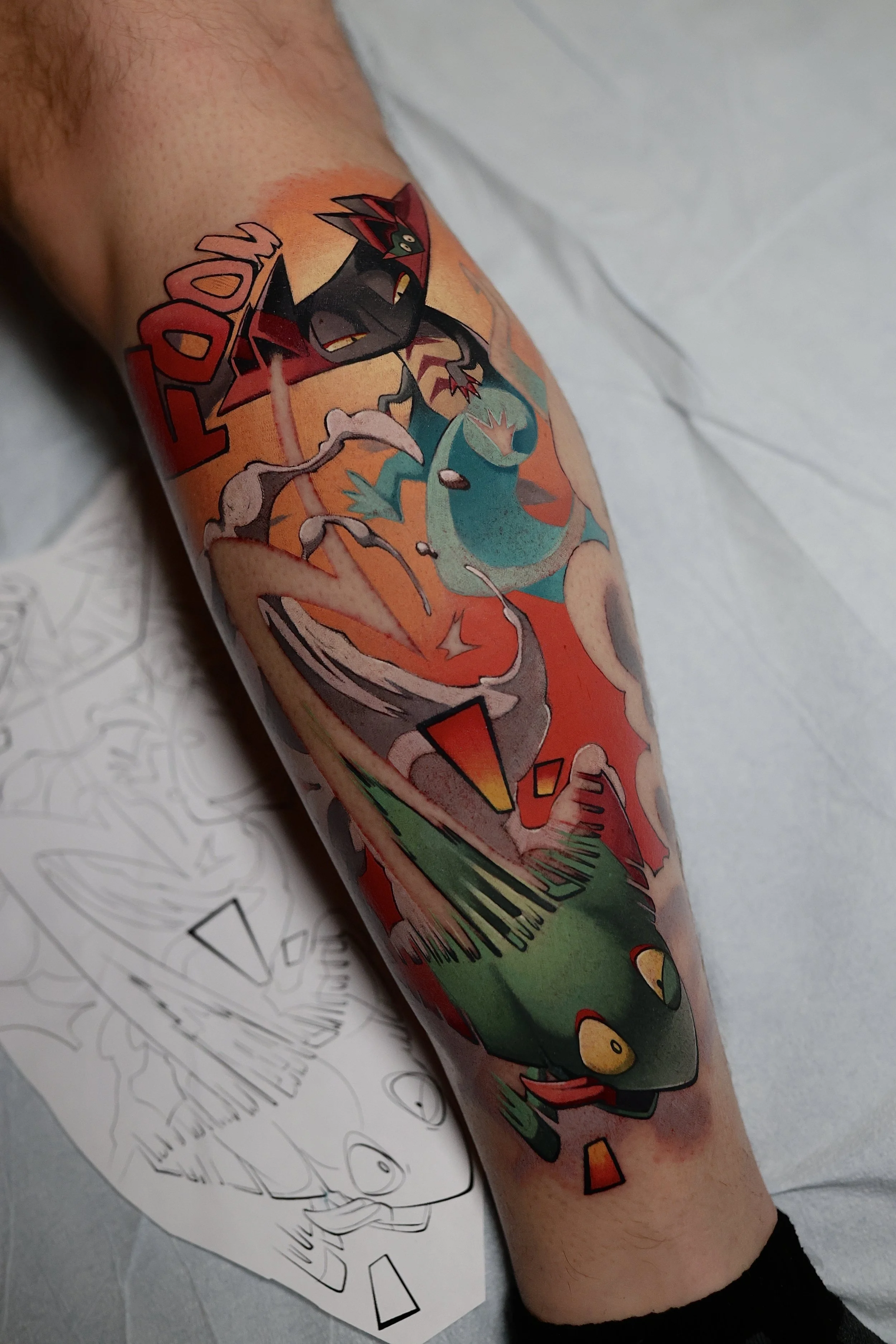 colorful tattoo of the pokemon Dragapult shooting a dreepy through a cloud in the sky with text reading "FOOM" in the backround.