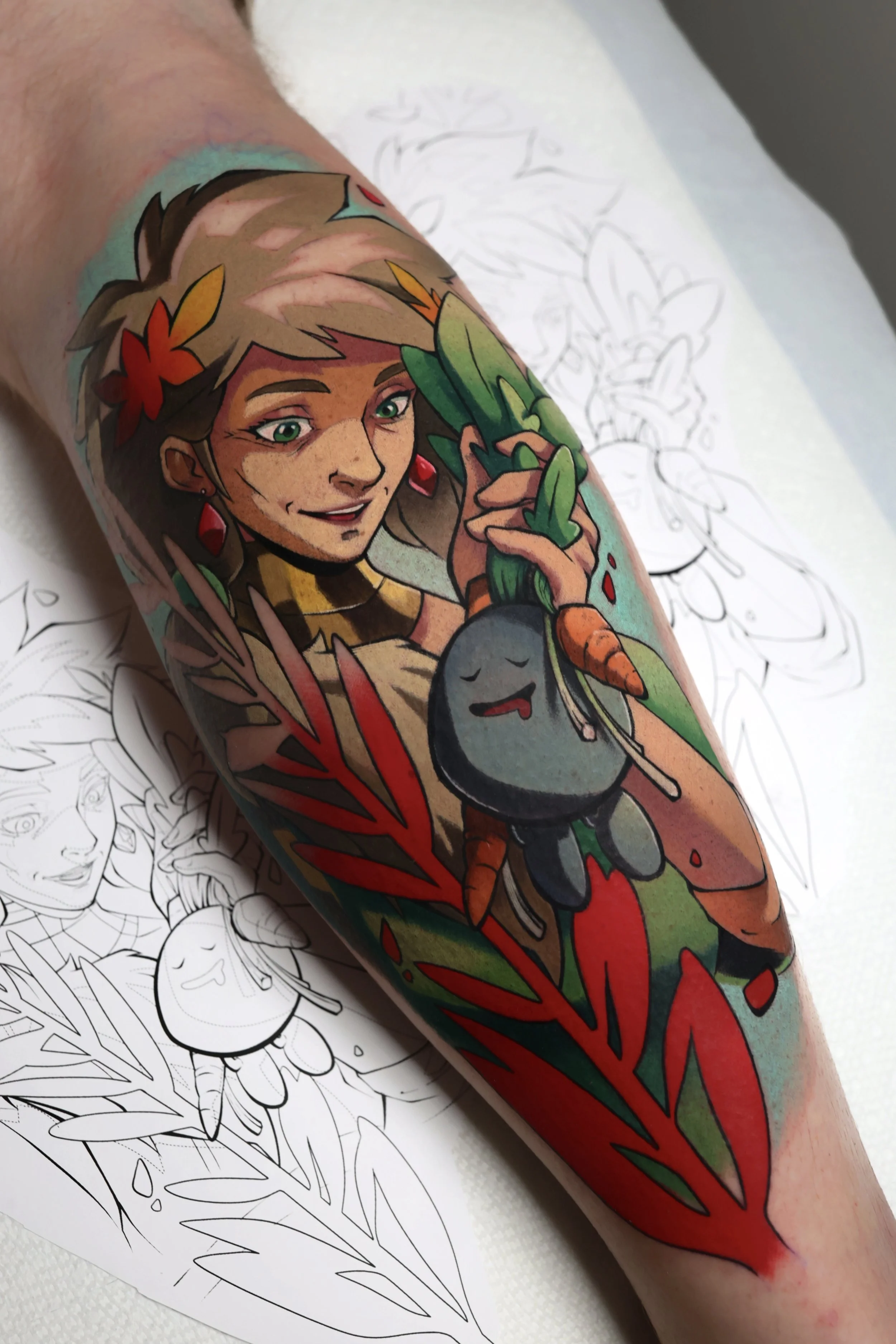Colorful tattoo of the character Persephone from the game Hades pulling the Pokemon Oddish out of the ground.