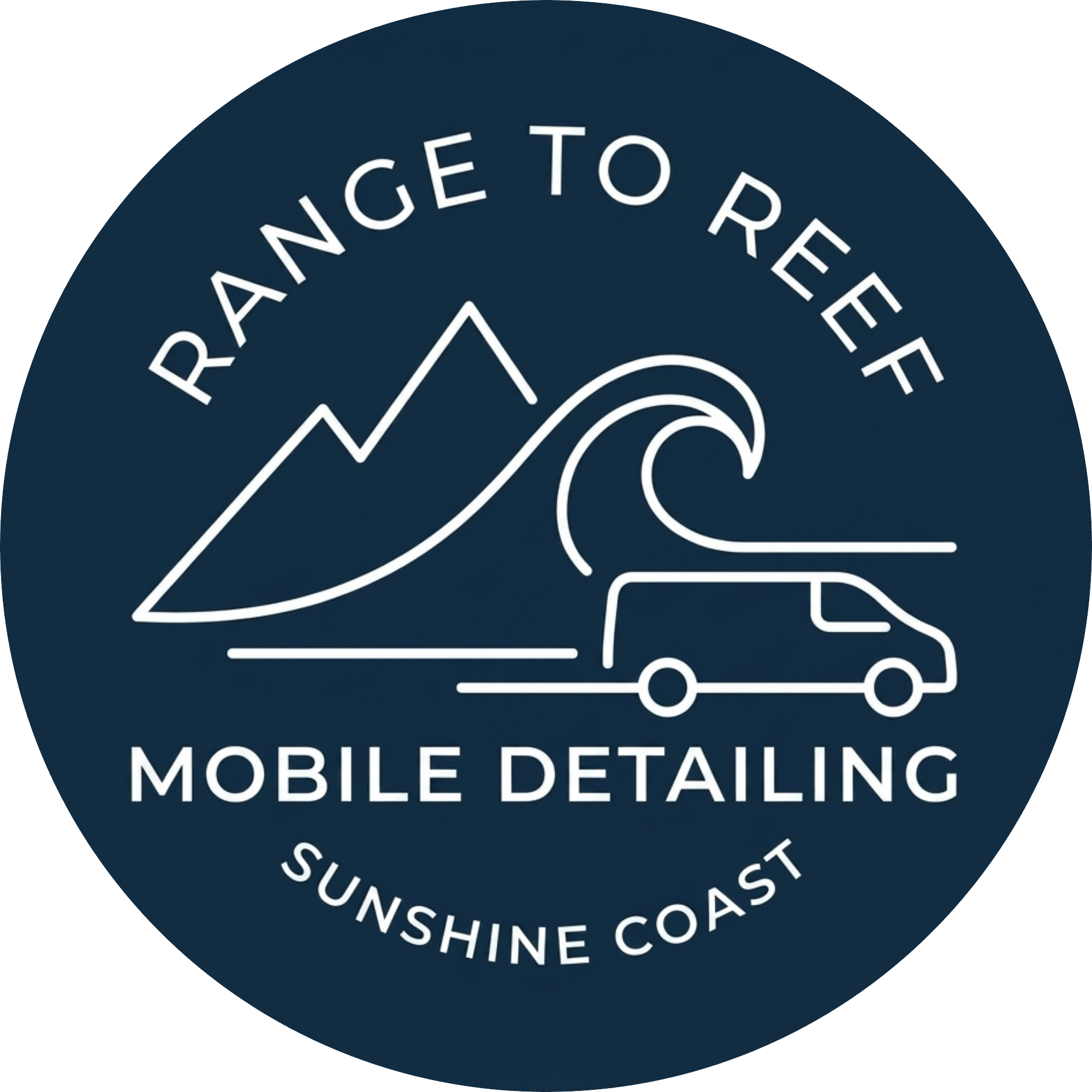Range to Reef Mobile Detailing badge: mountains, a wave and a van, Sunshine Coast